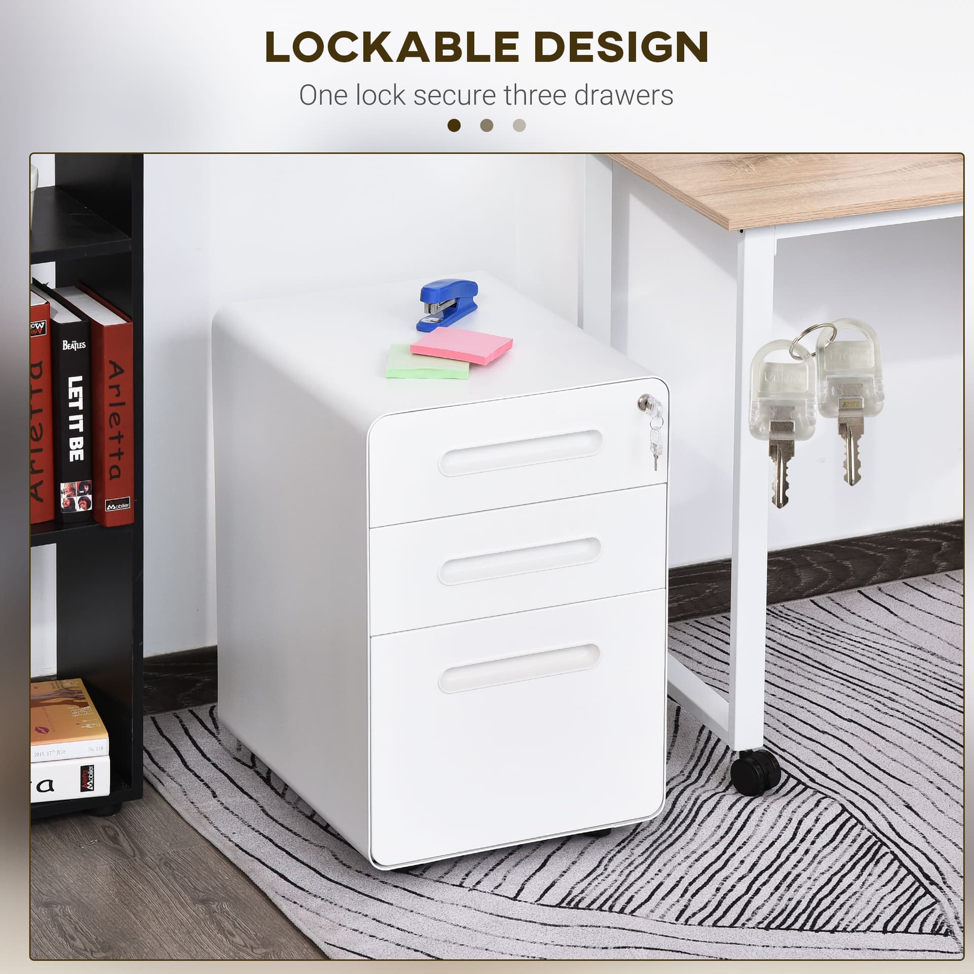 Lockable File Cabinet, Steel Filing Cabinet on Wheels for Legal, A4, Letter Size, Home Office