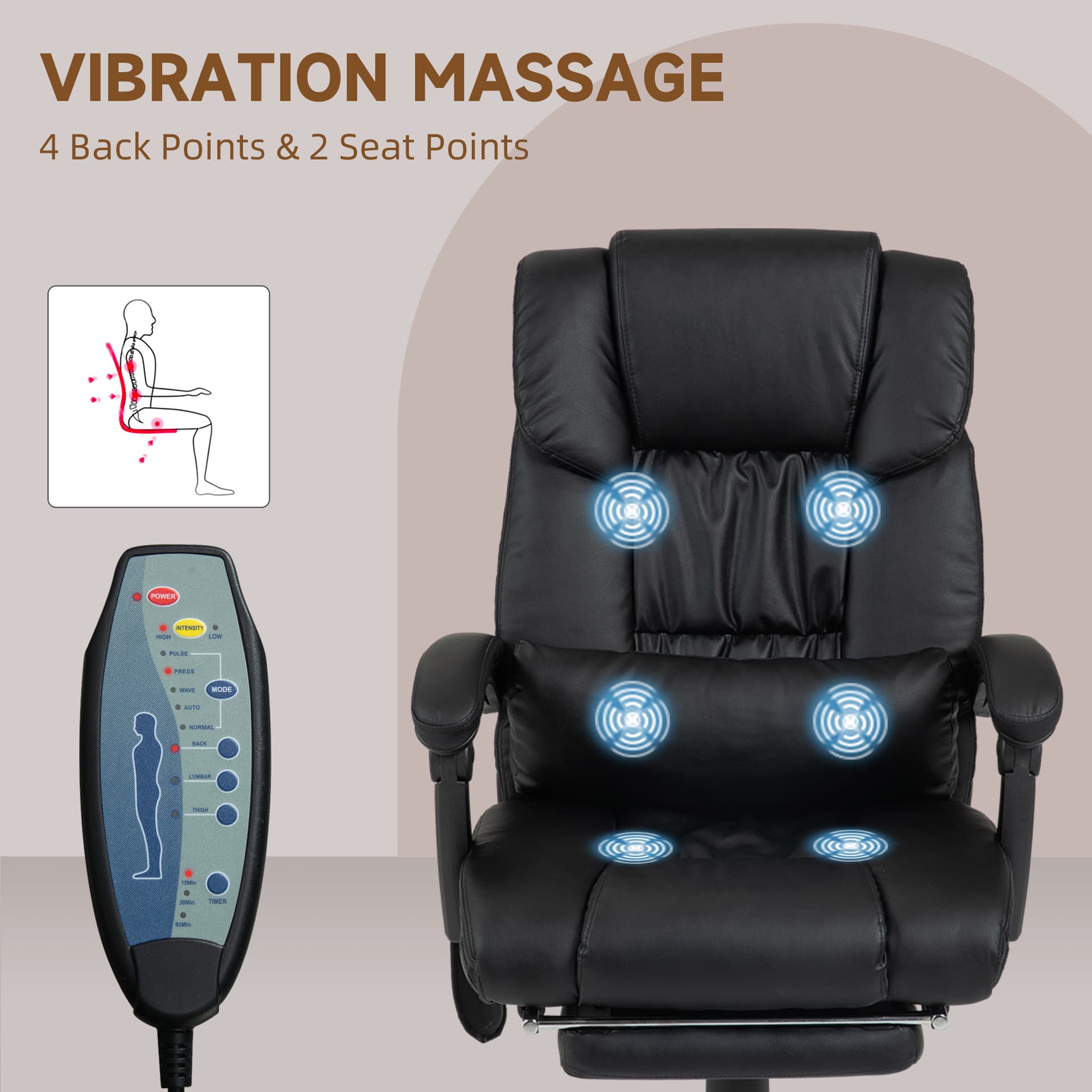 6-Point Vibration Massage Chair, Height Adjustable Reclining Computer Chair with Retractable Footrest, Black
