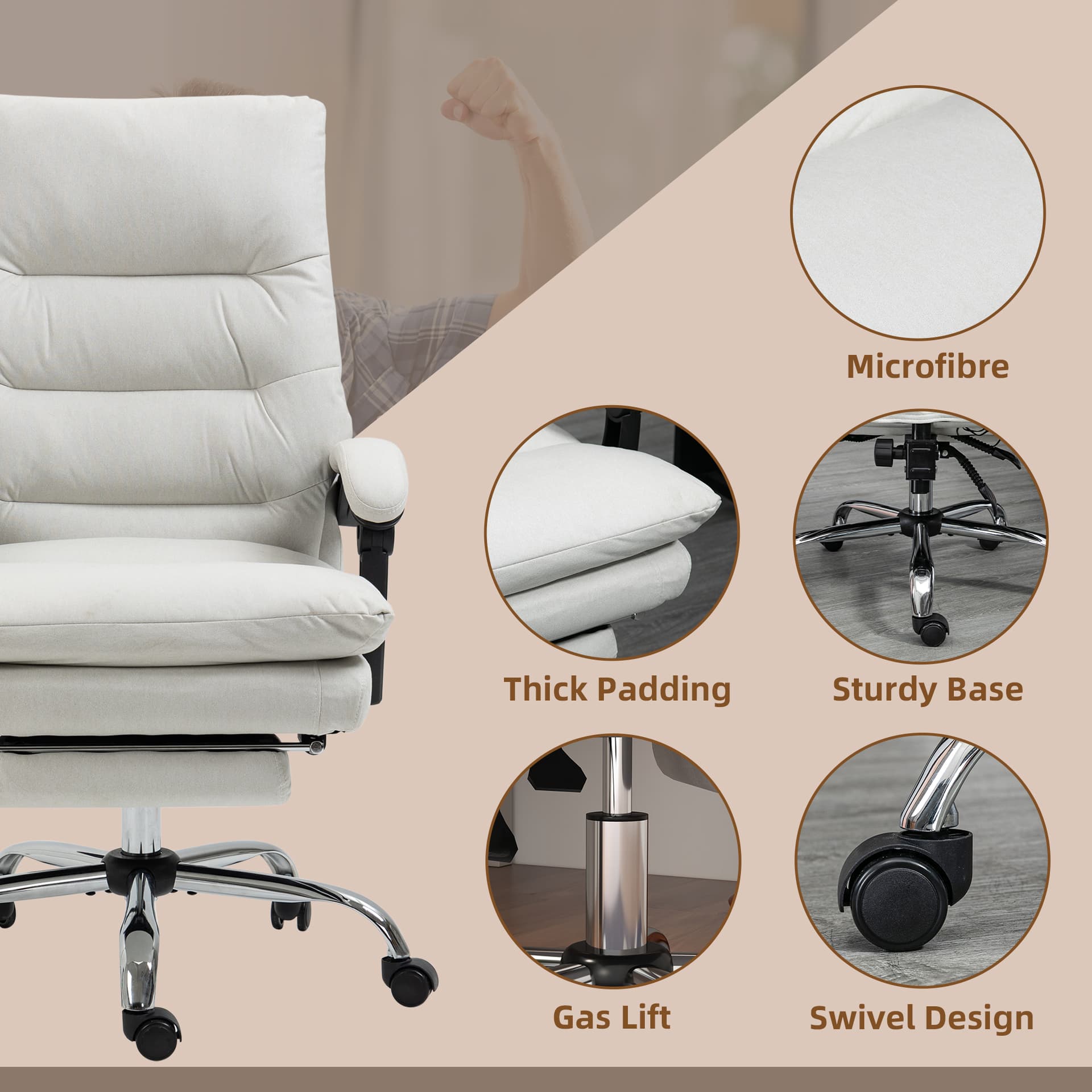 Executive Office Chair with 6-Point Massag, Microfibre Reclining Computer Chair with Footrest, Cream White