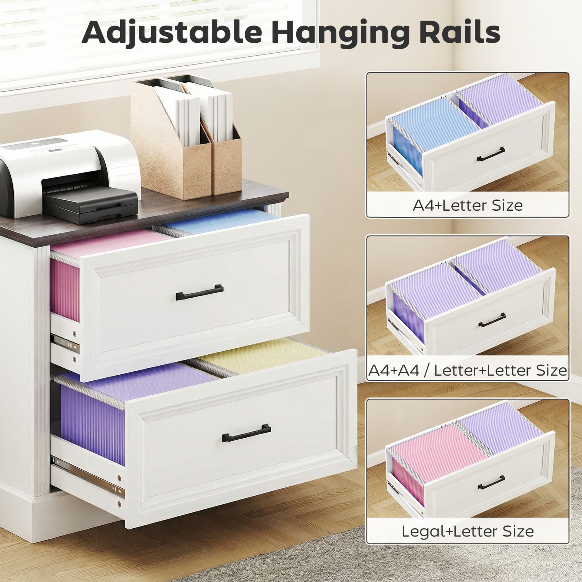 Lateral Filing Cabinet, Farmhouse File Cabinet with 2 Silent Drawers for Letter/A4/Legal Size Files, White