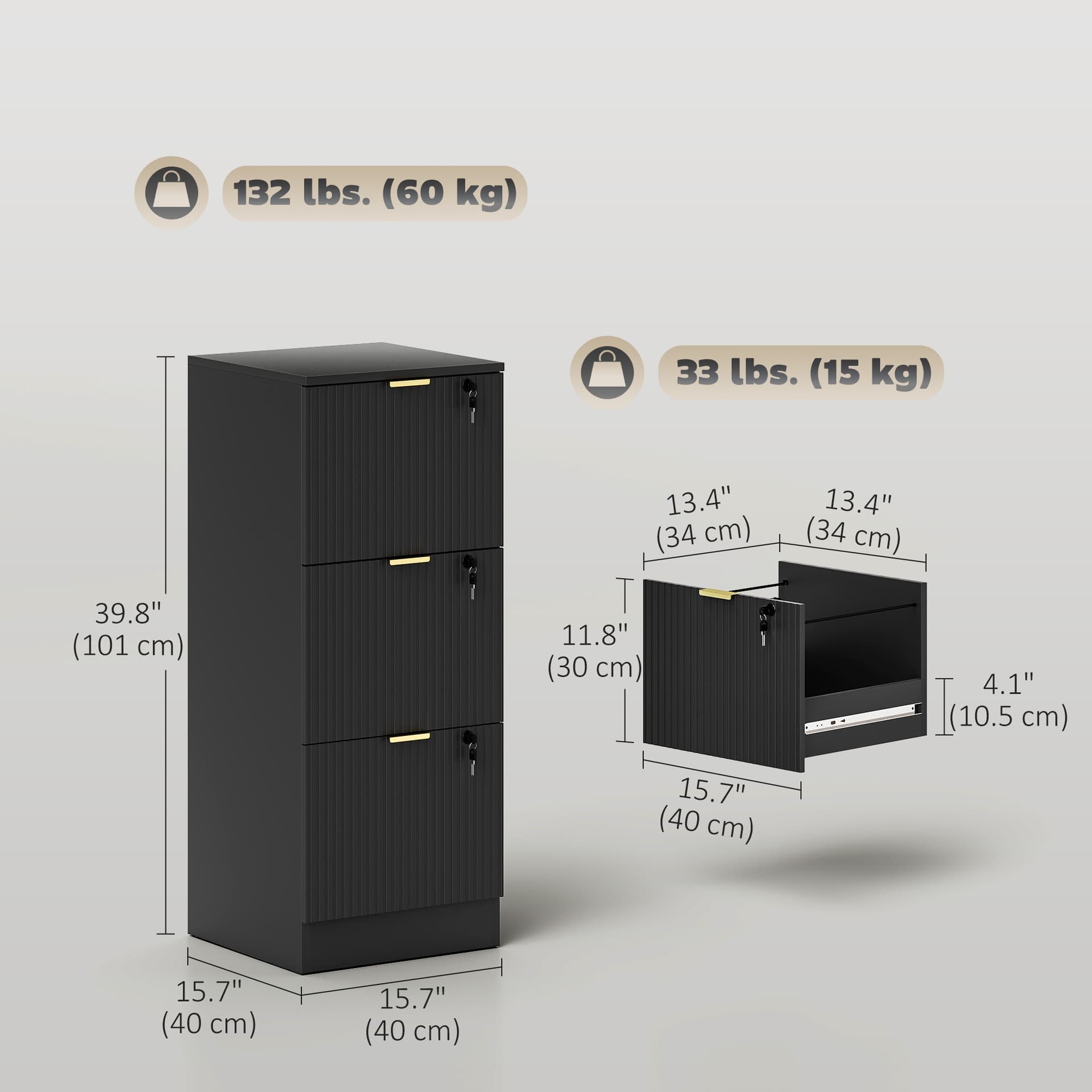 Lockable Filing Cabinet with 3 Fluted Drawers, File Cabinet with Adjustable Hanging Rails for A4 Letter Files, Black