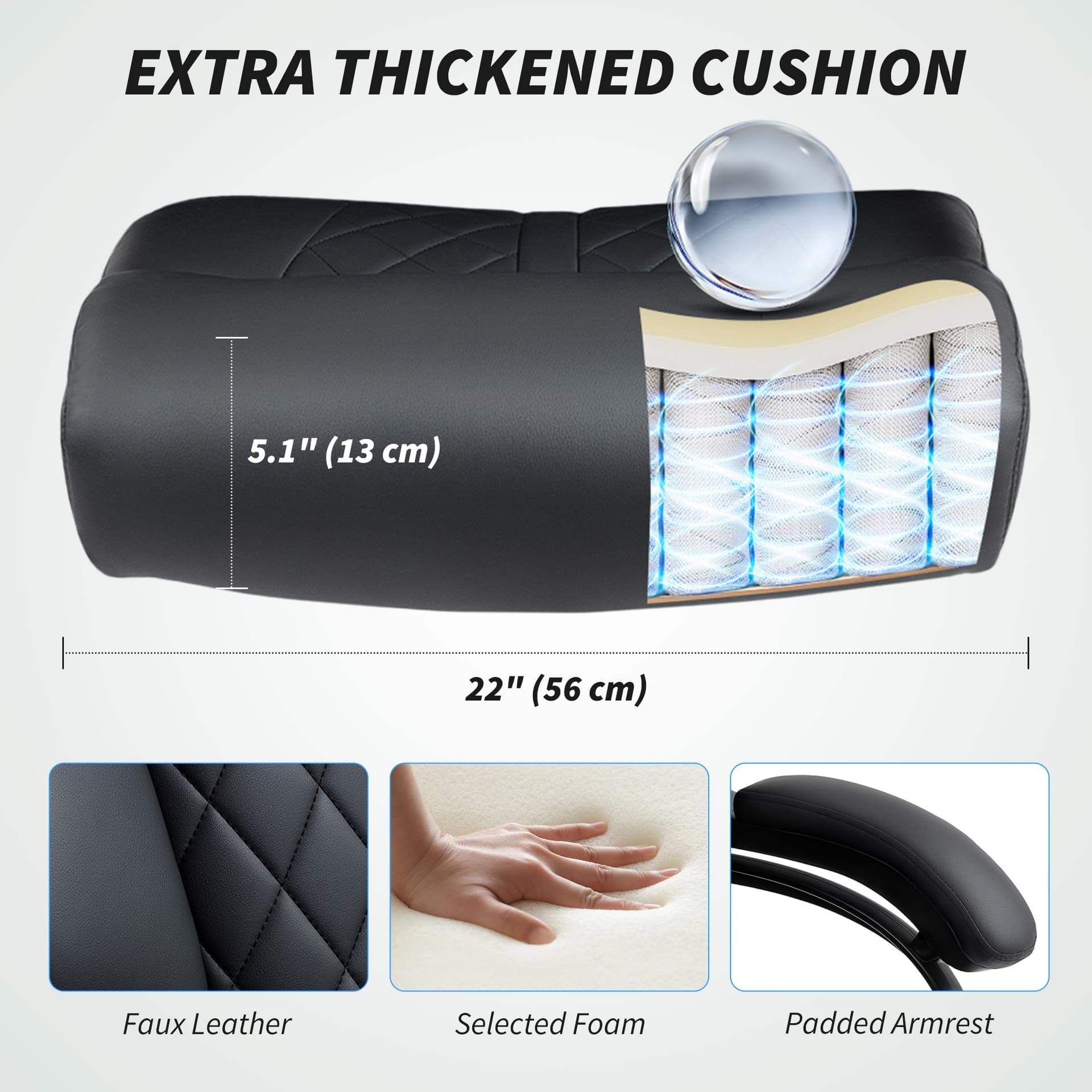 Office Chair with Spring Padding, PU Leather Computer Chair with Quiet Swivel Wheels, High Back, Black