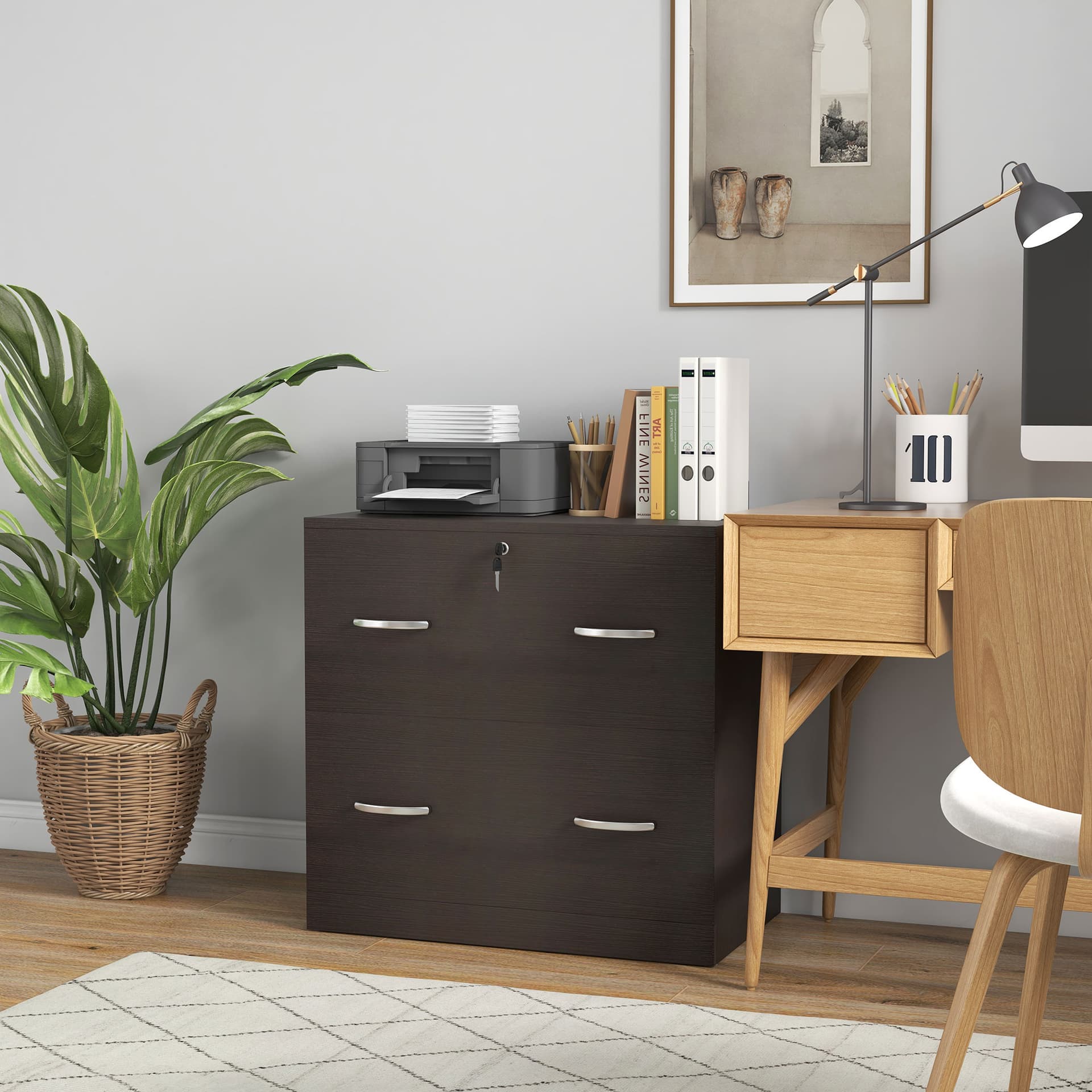 2 Drawer File Cabinet with Lock, Office Filing Cabinet, Hanging Bar for Letter Size, Home Office, Espresso