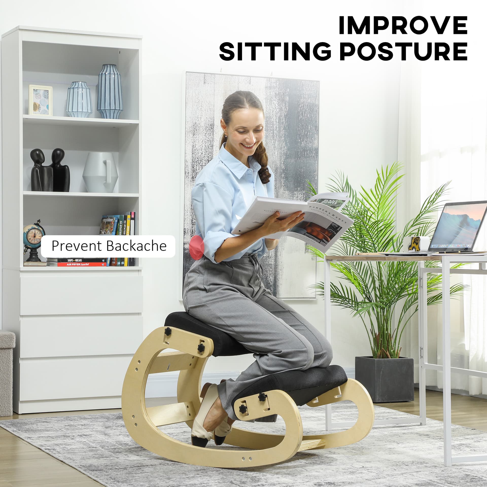 Ergonomic Kneeling Chair, Adjustable Rocking Wood Kneeling Stool, Desk Chair, Improve Posture, Black