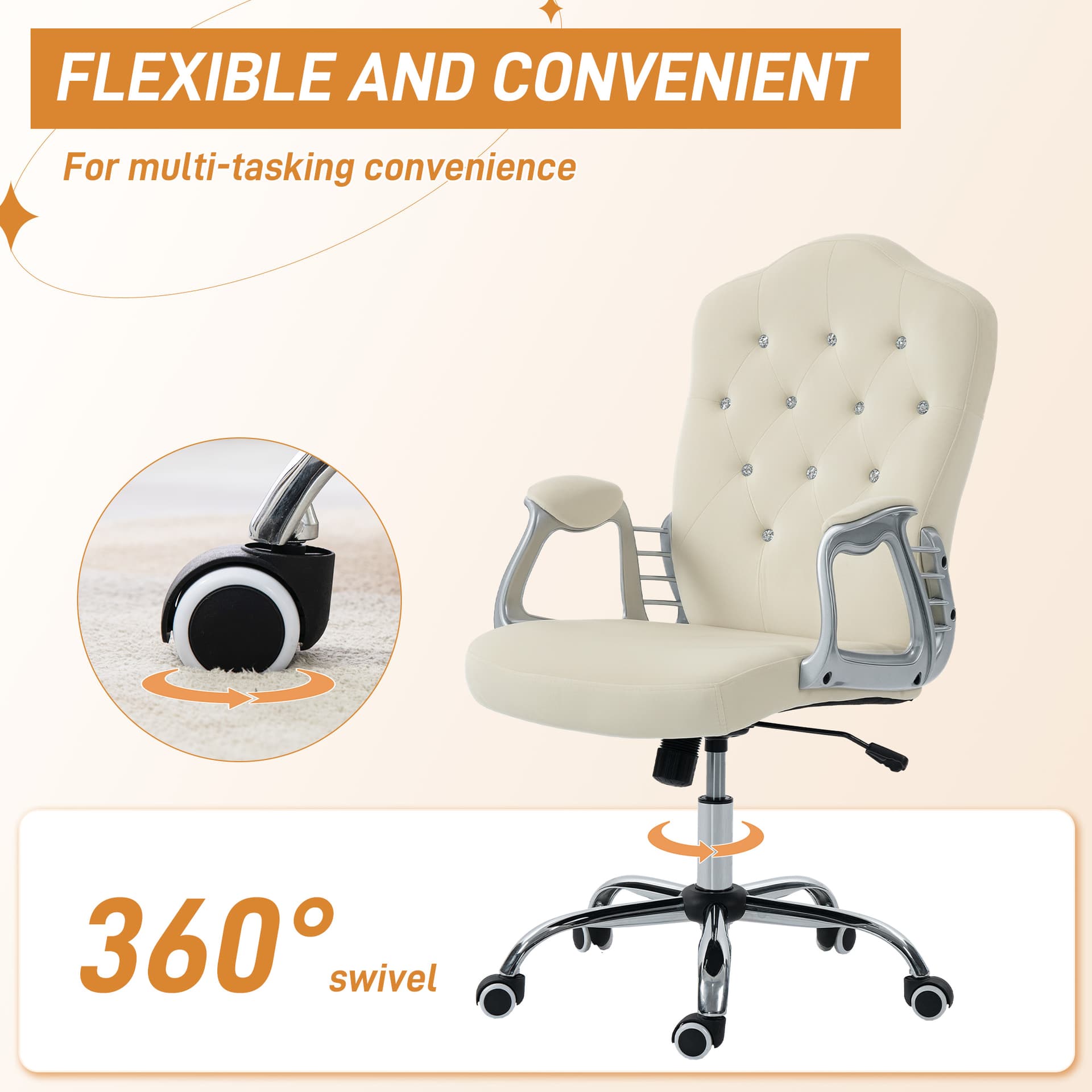 Vanity Office Chair, Velvet Computer Desk Chair with Swivel Wheels, Adjustable Height, Tilt Function, Beige
