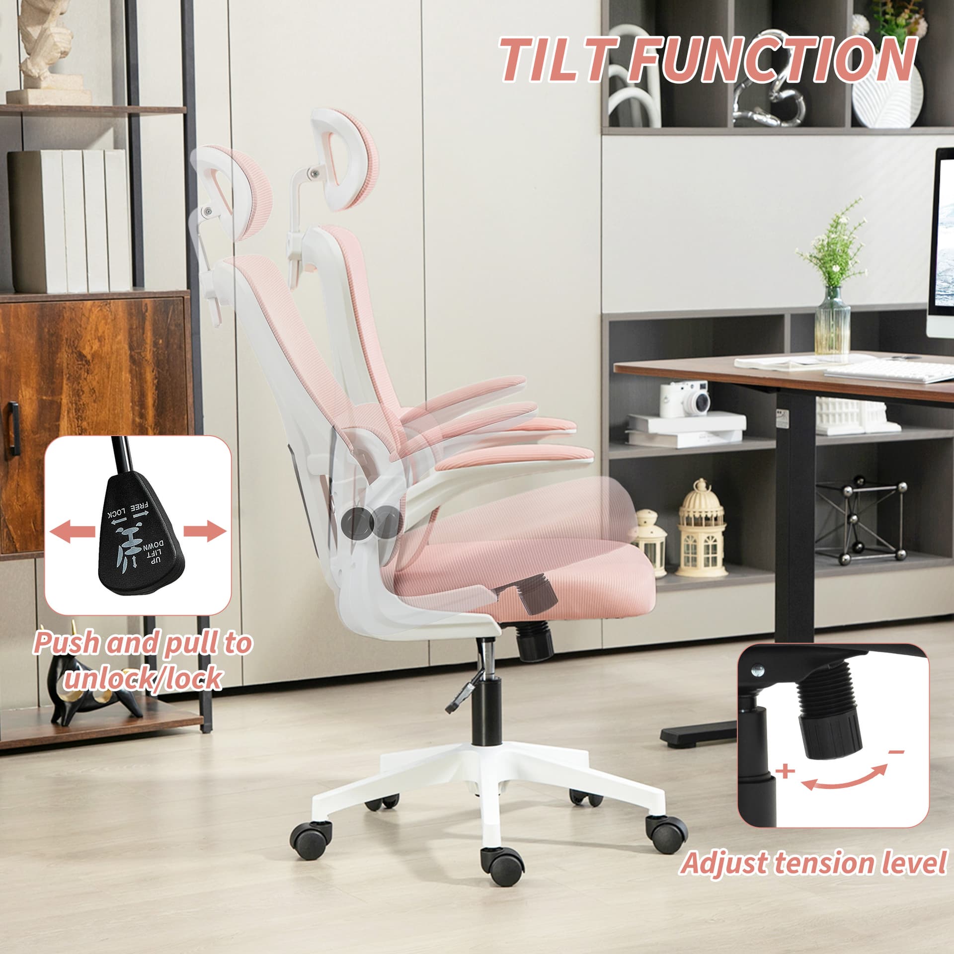 High Back Office Chair, Mesh Computer Desk Chair with Rotatable Headrest, Lumbar Back Support, Adjustable Height, Pink