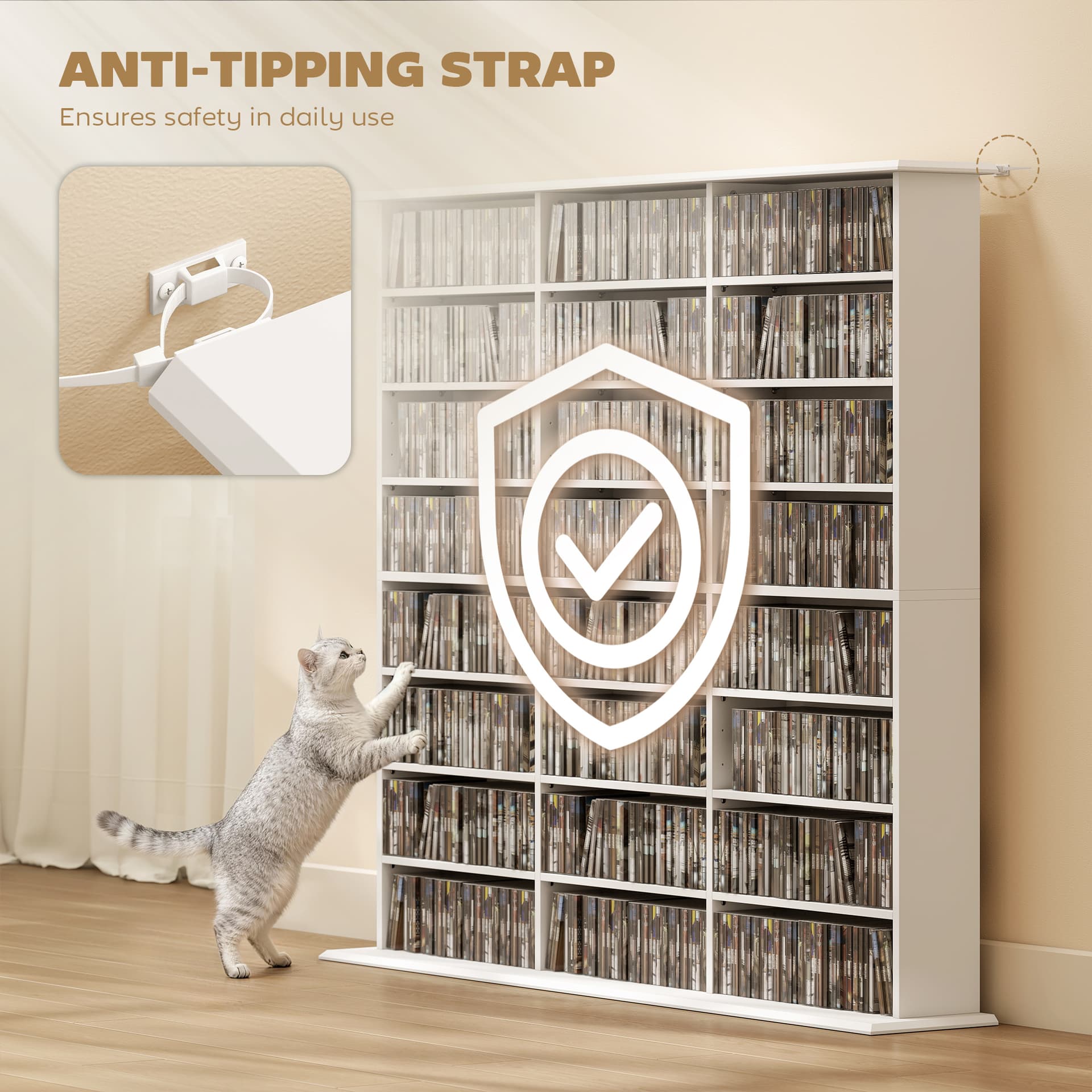 Media Storage Cabinet, 8-Tier DVD Shelf with 18 Adjustable Shelves, Holds 1032 CDs, 594 DVDs or Blu-rays, White