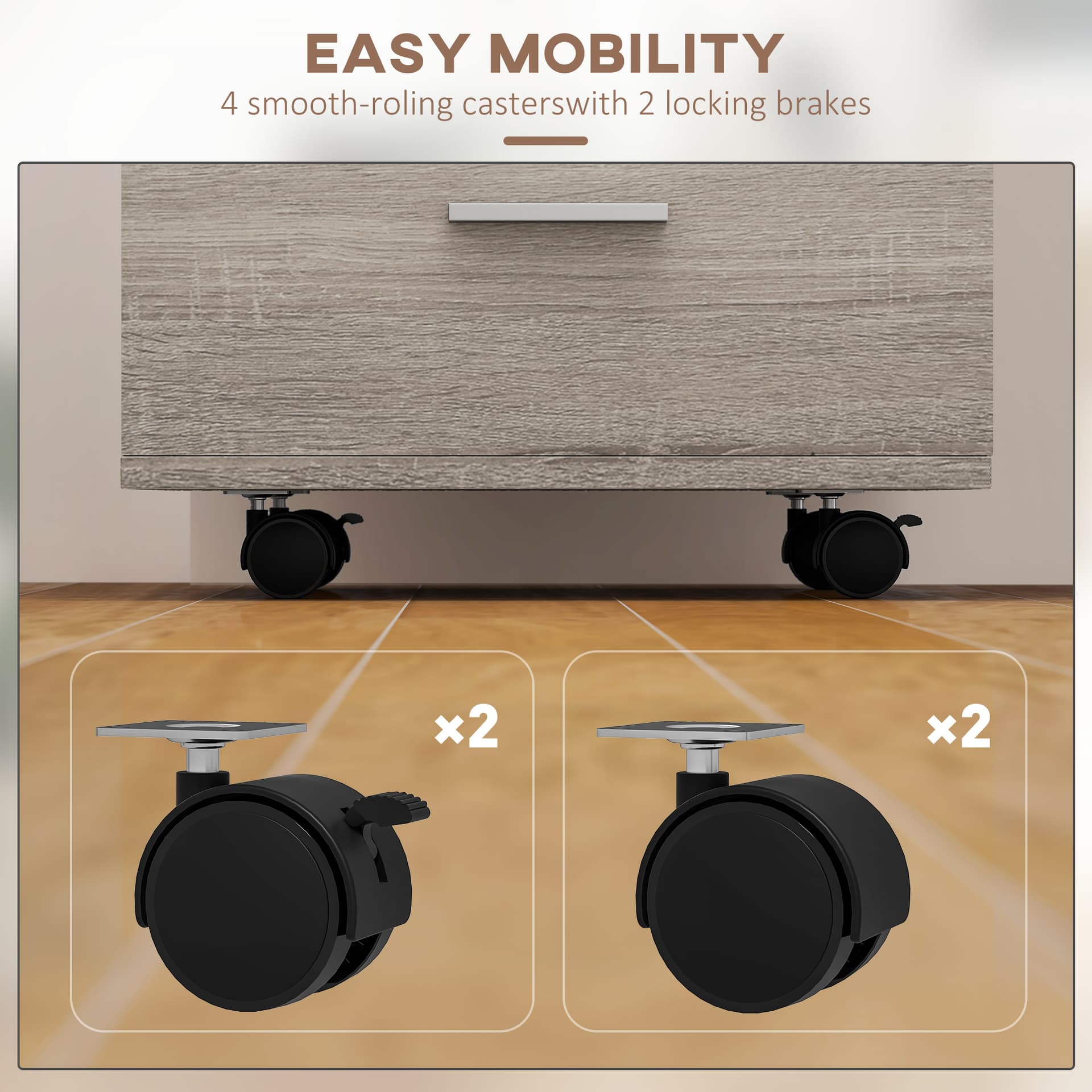 Mobile Filing Cabinet with Wheels, 3 Drawer File Cabinet with Lock and Keys for Home Office, Grey Wood Grain