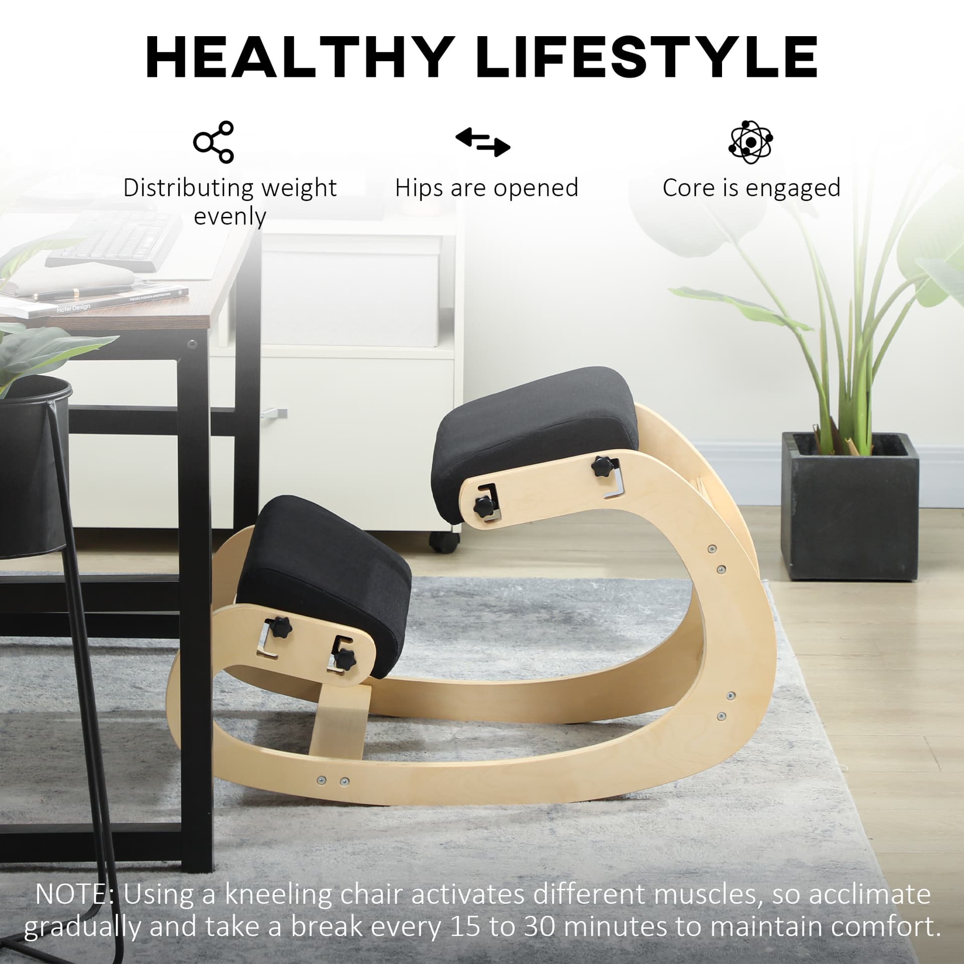 Ergonomic Kneeling Chair, Adjustable Rocking Wood Kneeling Stool, Desk Chair, Improve Posture, Black