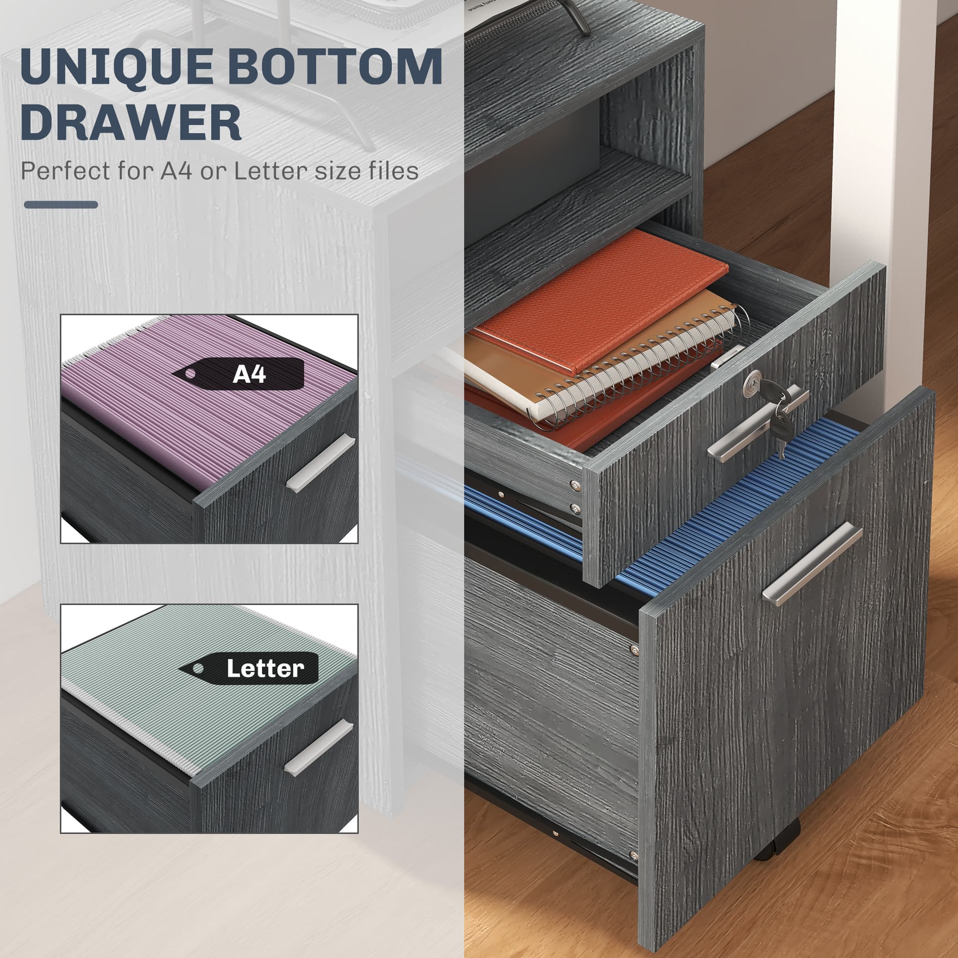 Small Filing Cabinet with 2 Drawers, Lockable Home Office Storage Cabinets on Wheels for A4, Letter Size, Grey