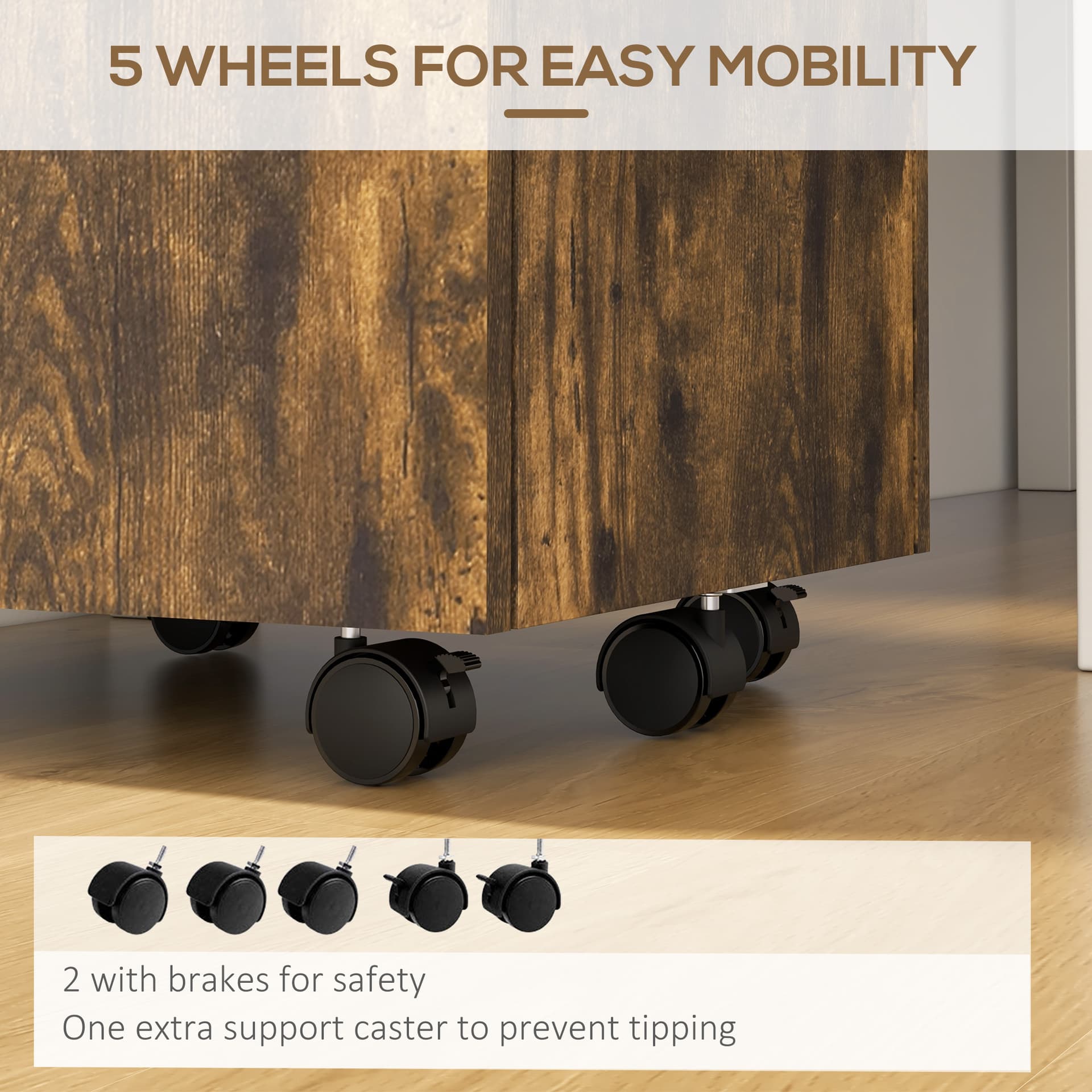 Small Filing Cabinet with 2 Drawers, Lockable Home Office Storage Cabinets on Wheels for A4, Letter Size, Rustic Brown