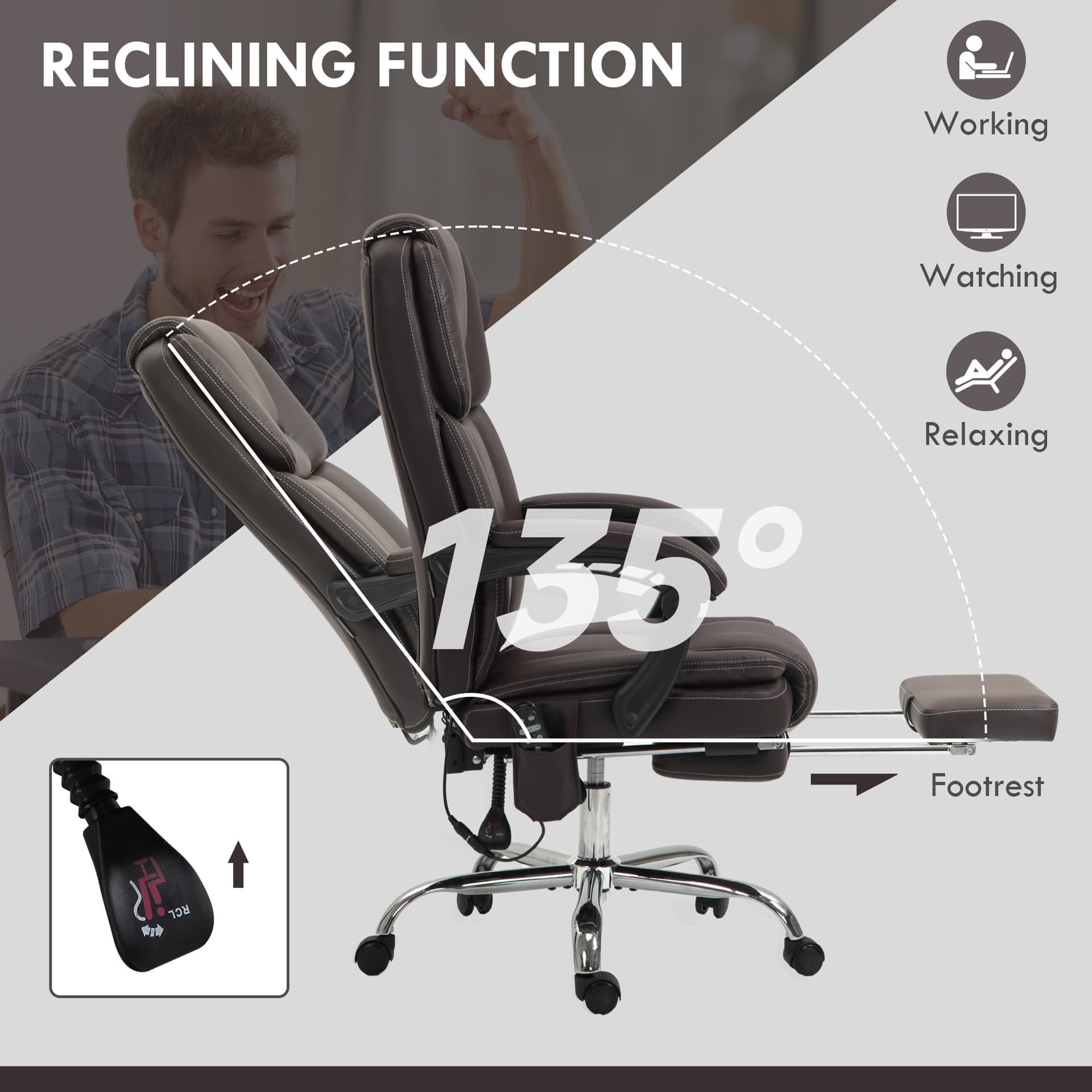 Massage Office Chair, Reclining Executive Office Chair with 6-Point Vibration, Footrest and High Back, Dark Brown