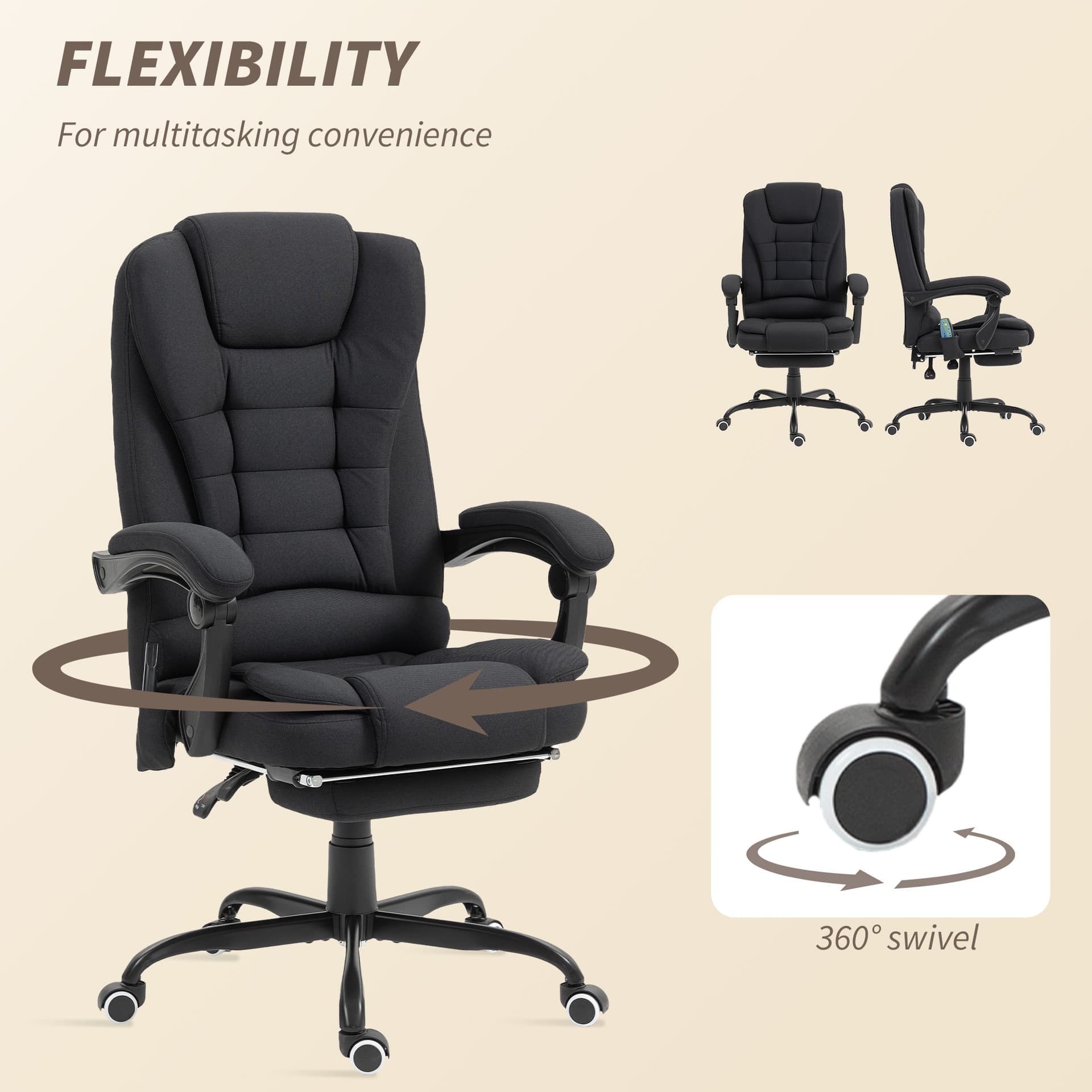 7-Point Vibrating Massage Chair, Reclining Office Chair with Footrest, Reclining Back, Adjustable Height, Black