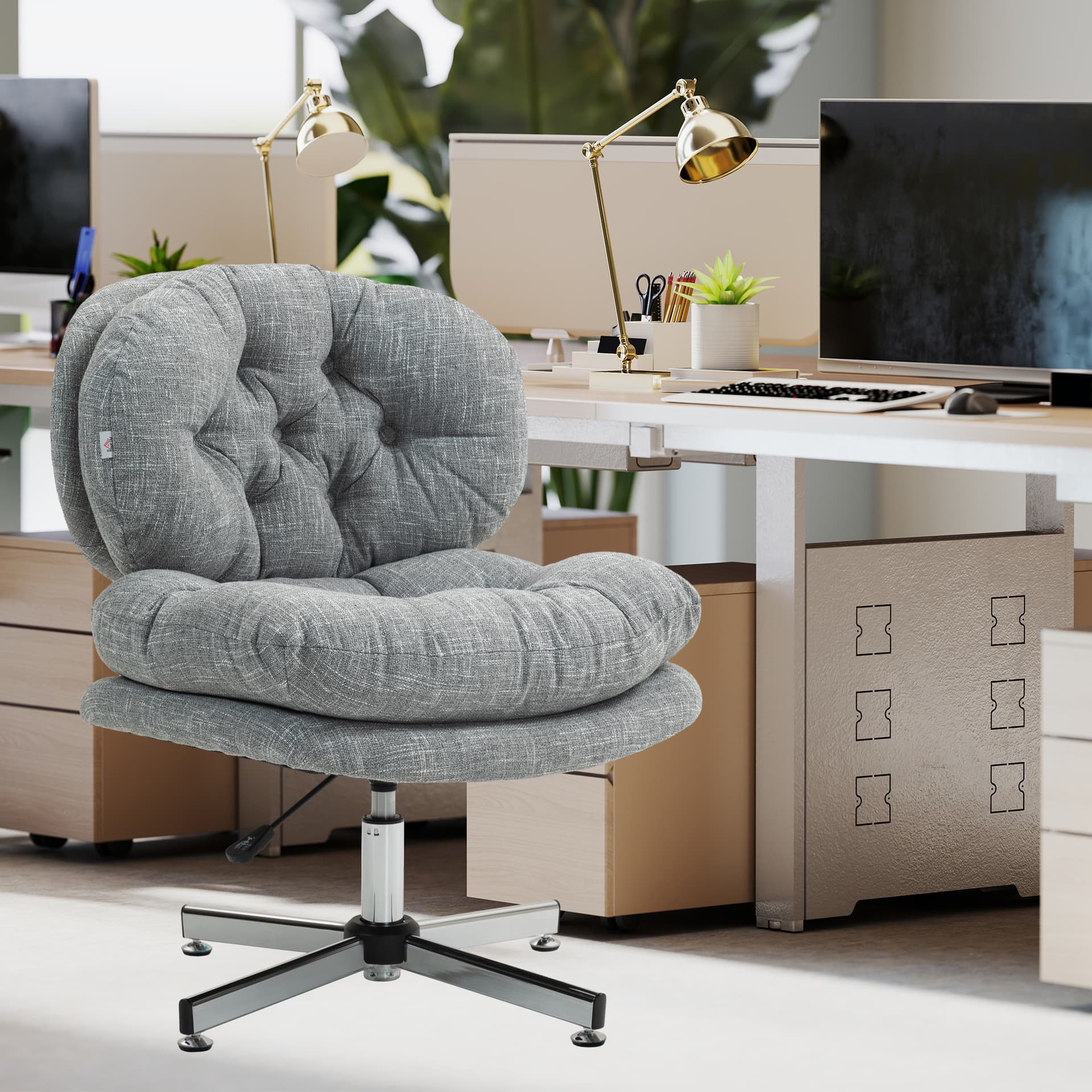 Computer Desk Chair, Armless Office Chair with Wide Padded Seat and Adjustable Height, Grey