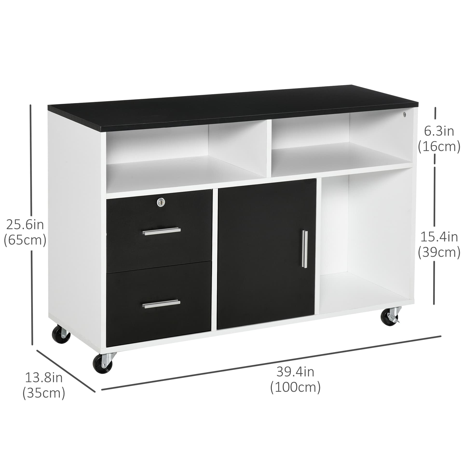 Lateral Filing Cabinet, Printer Stand Home Office Mobile File Cabinet with Wheels, Lockable Drawer, Black