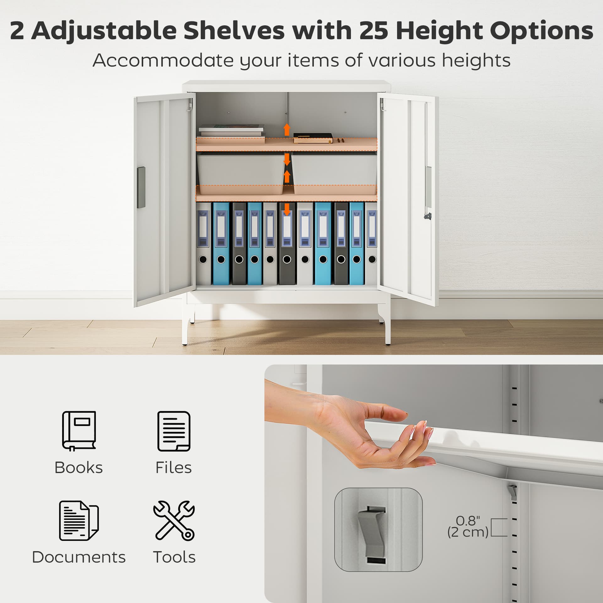 Office Storage Cabinet with Lock, Filing Cabinet with Adjustable Shelves and Doors for Home Office, Garage, White