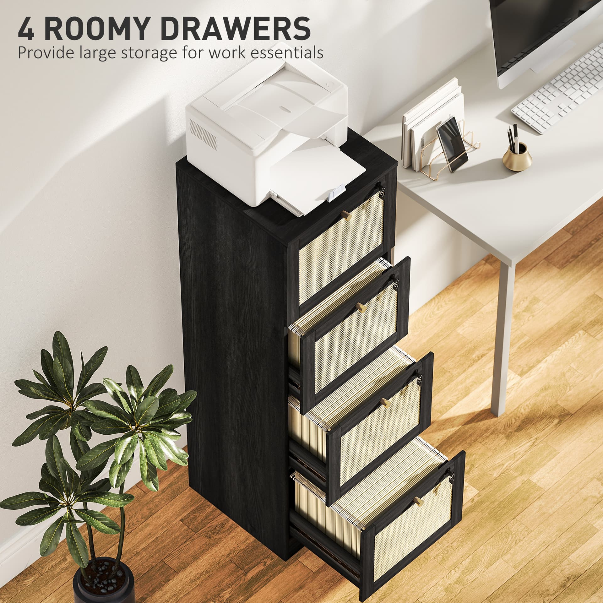 4 Drawer Filing Cabinet with Lock, Boho File Cabinet for A4 Letter Size Files with Decorative Rattan Accents, Black
