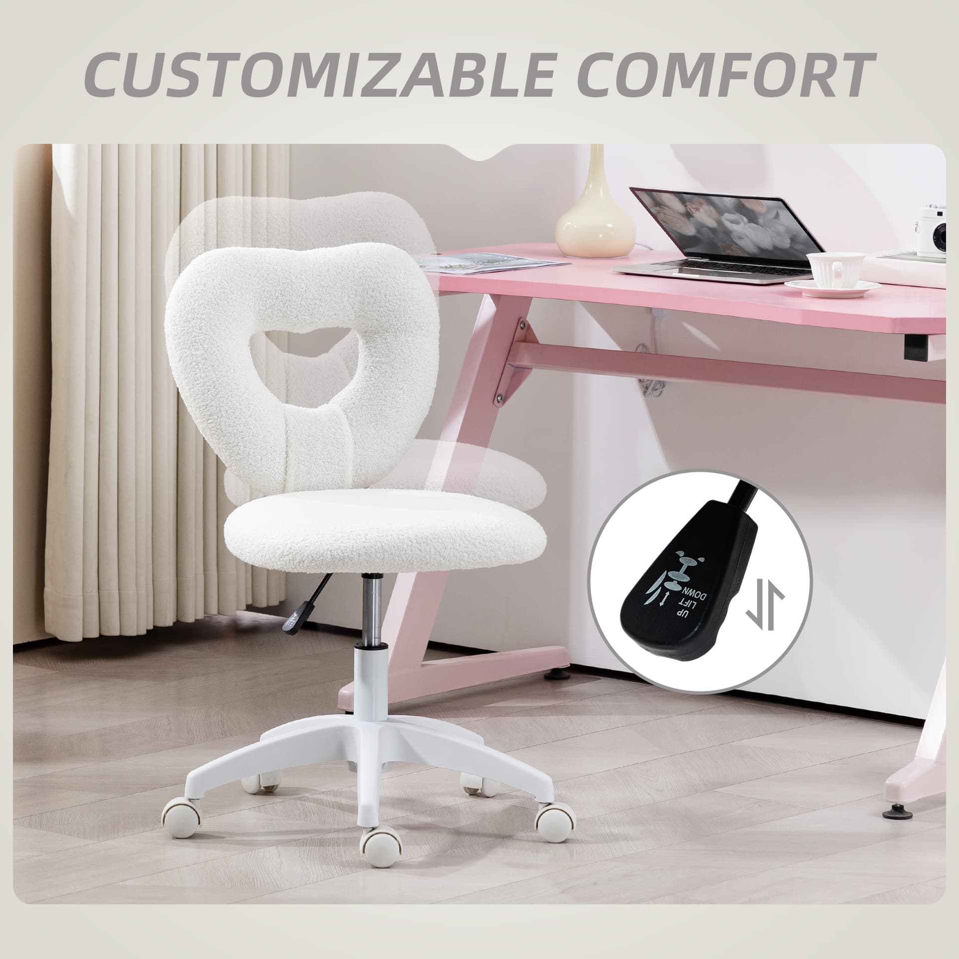 Armless Computer Desk Chair, Office Task Chair, Teddy Fleece Heart Makeup Vanity Chair with Swivel Wheels, White