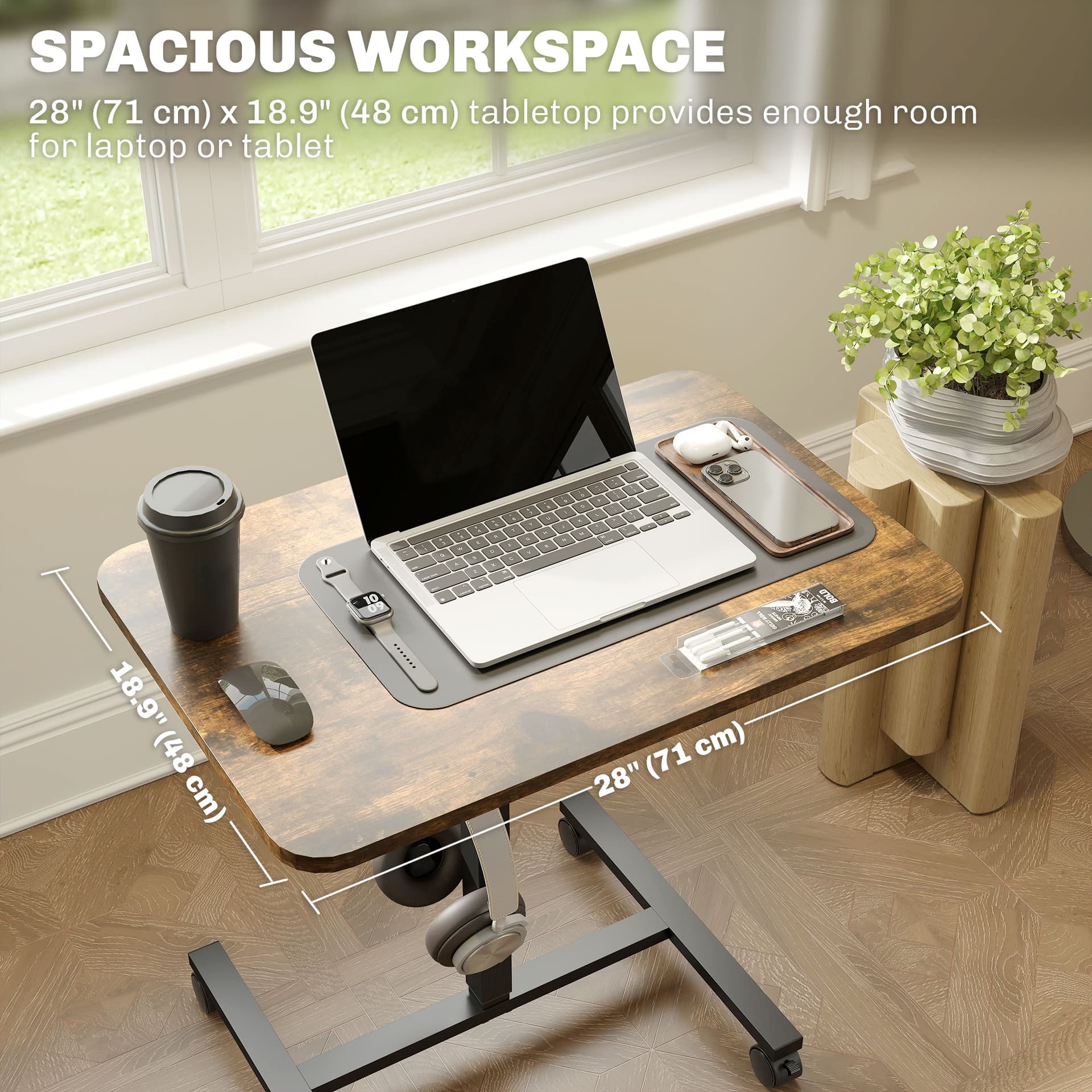 Height Adjustable Standing Desk, Pneumatic Sit Stand Desk with Wheels and Headphone Hook, Rustic Brown - Office Desks & Work Stations - Office Furniture