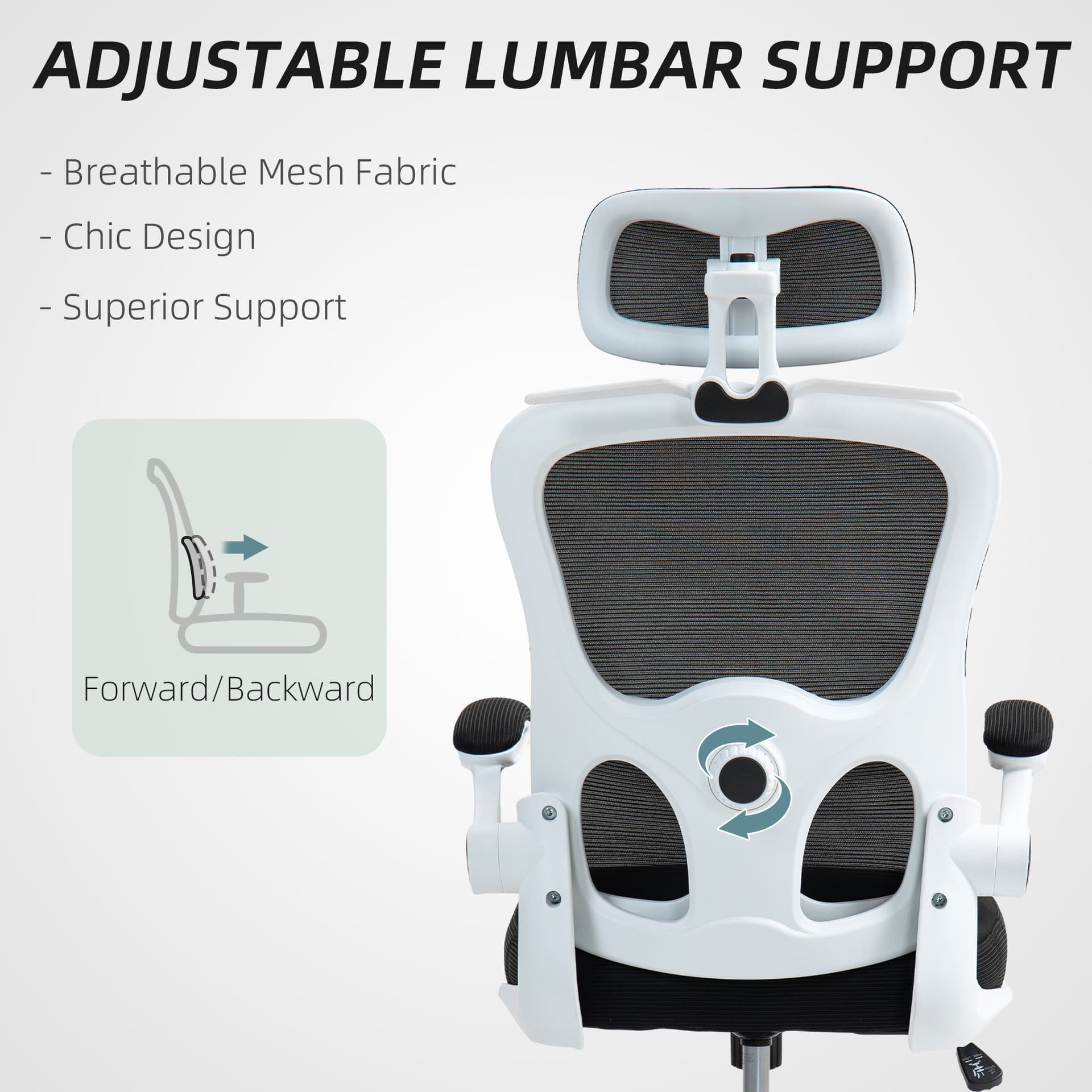 Mesh Office Chair, Ergonomic Desk Chair with Flip-up Armrest, Rotatable Headrest, Adjustable Lumbar Support, Black