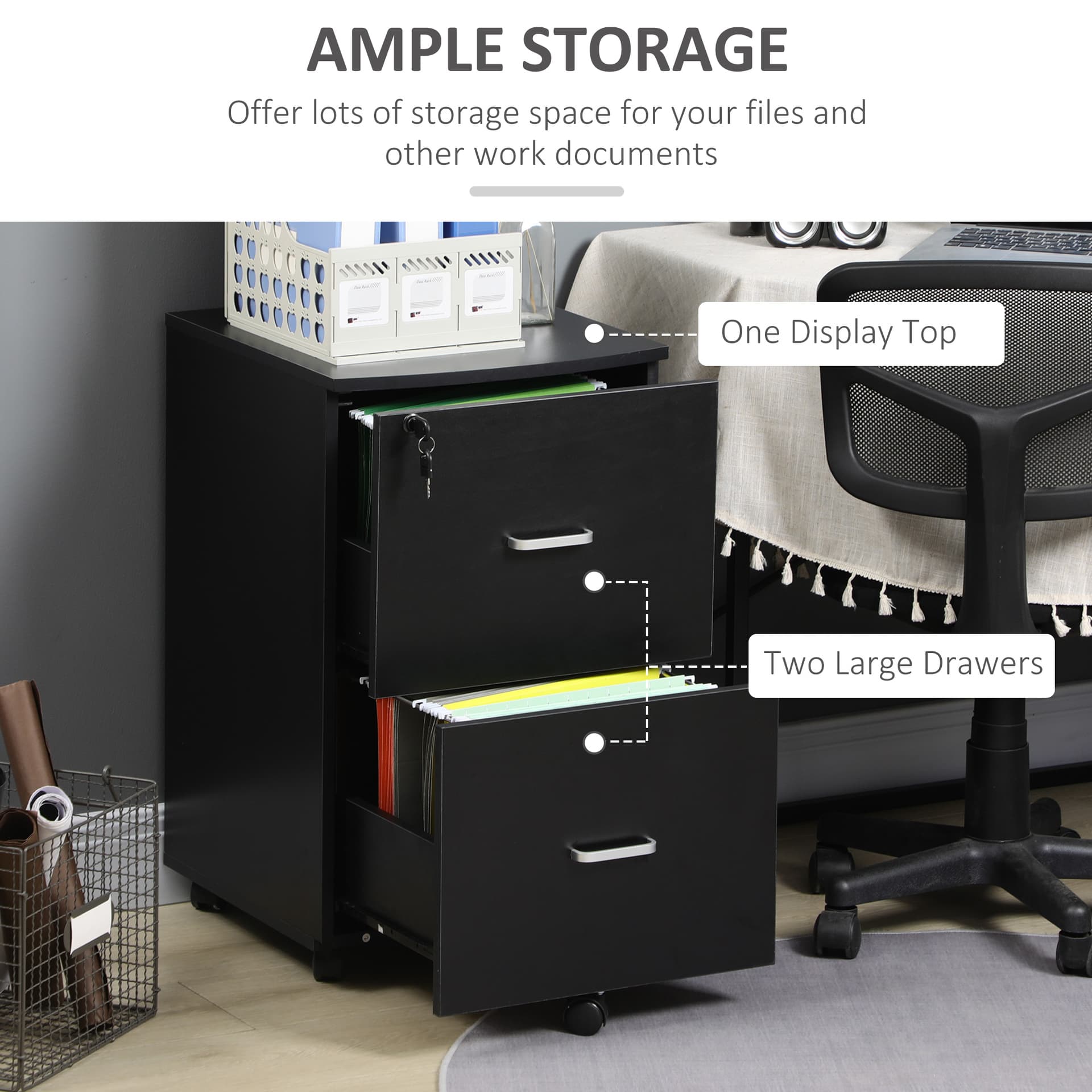 2 Drawer File Cabinet with Lock, Small Rolling Filing Cabinet for A4, Letter-Size Documents, Printer Stand for Home Office, 17" x 17.75" x 28.25", Black