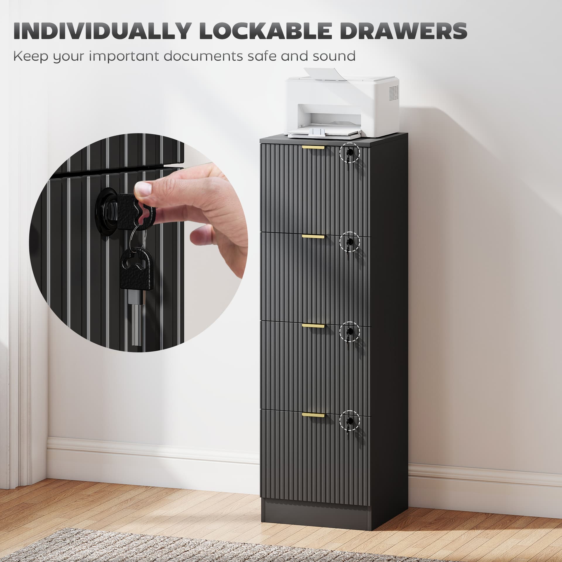 Lockable Filing Cabinet with 4 Fluted Drawers, File Cabinet with Adjustable Hanging Rails for A4 Letter Files, Black