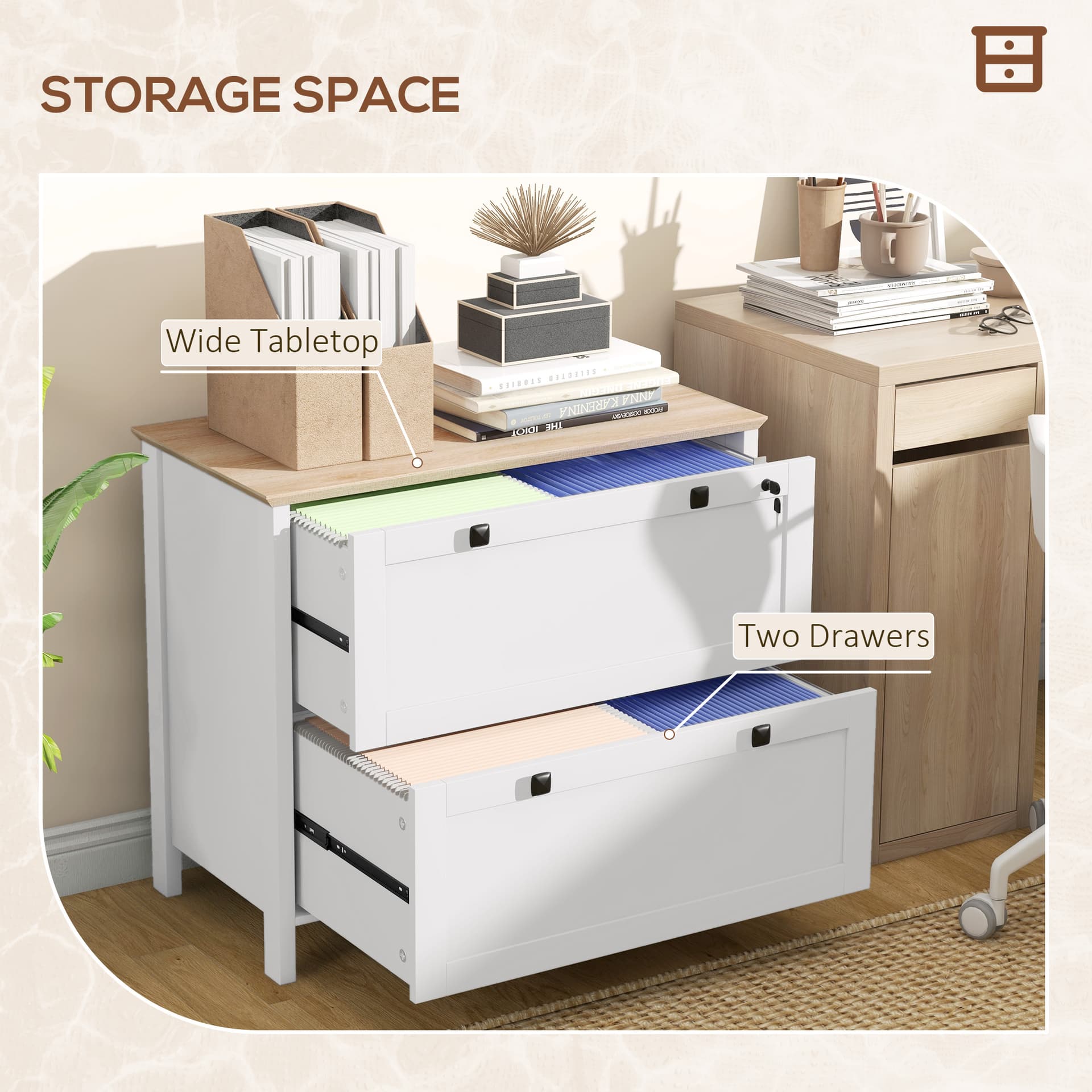 2 Drawer File Cabinet, Lockable Filing Cabinet with Adjustable Hanging Bar for Letter, A4 and Legal Size, White