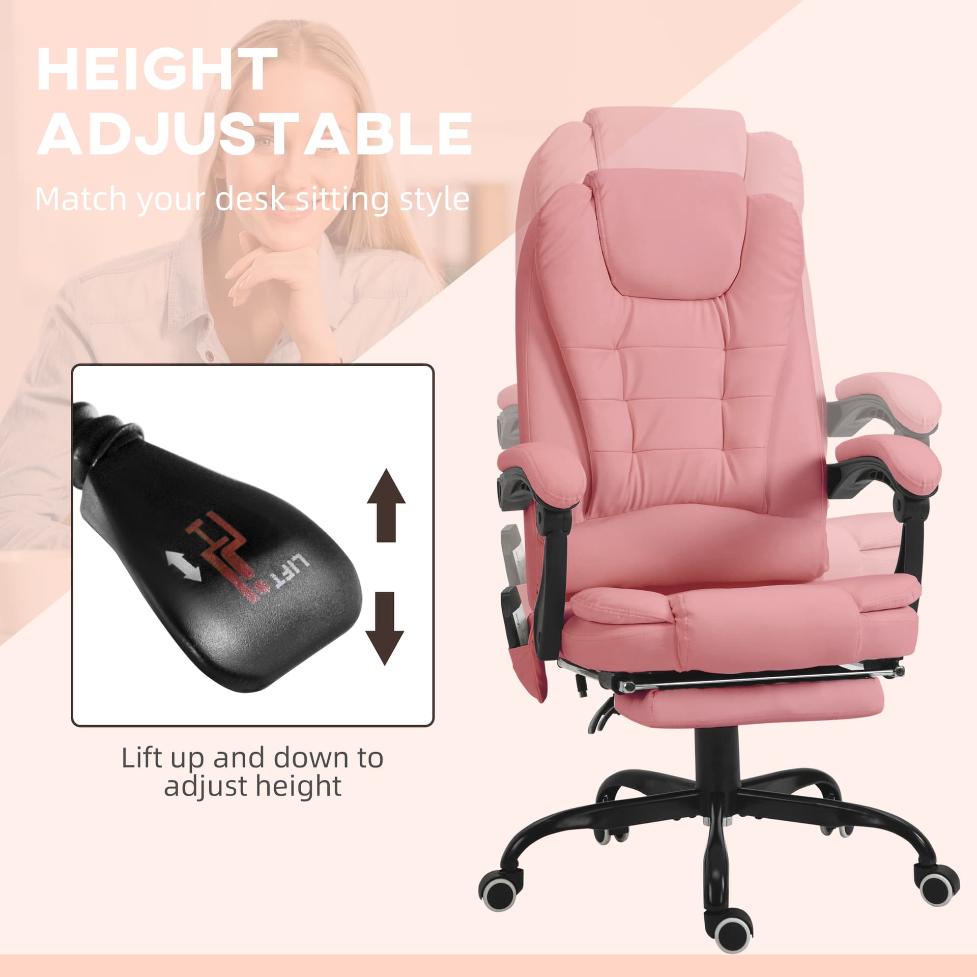 7-Point Vibrating Massage Chair, Reclining Office Chair with Footrest, Reclining Back, Adjustable Height, Pink