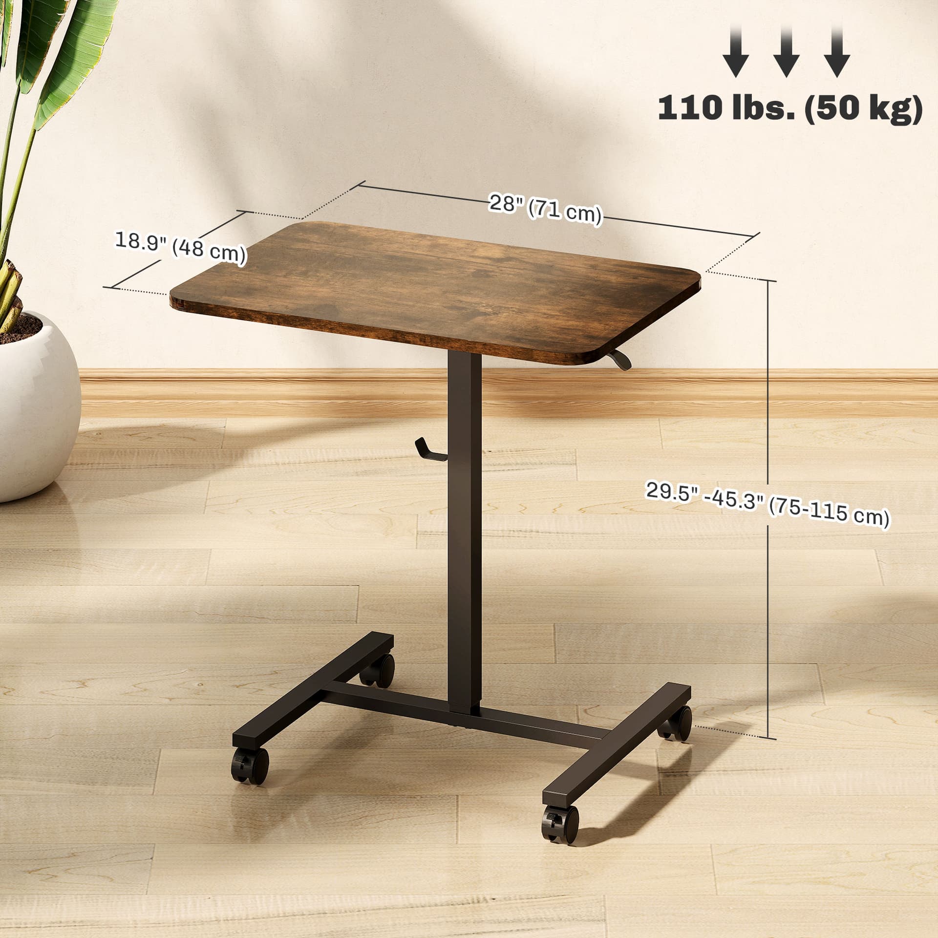 Height Adjustable Standing Desk, Pneumatic Sit Stand Desk with Wheels and Headphone Hook, Rustic Brown - Office Desks & Work Stations - Office Furniture