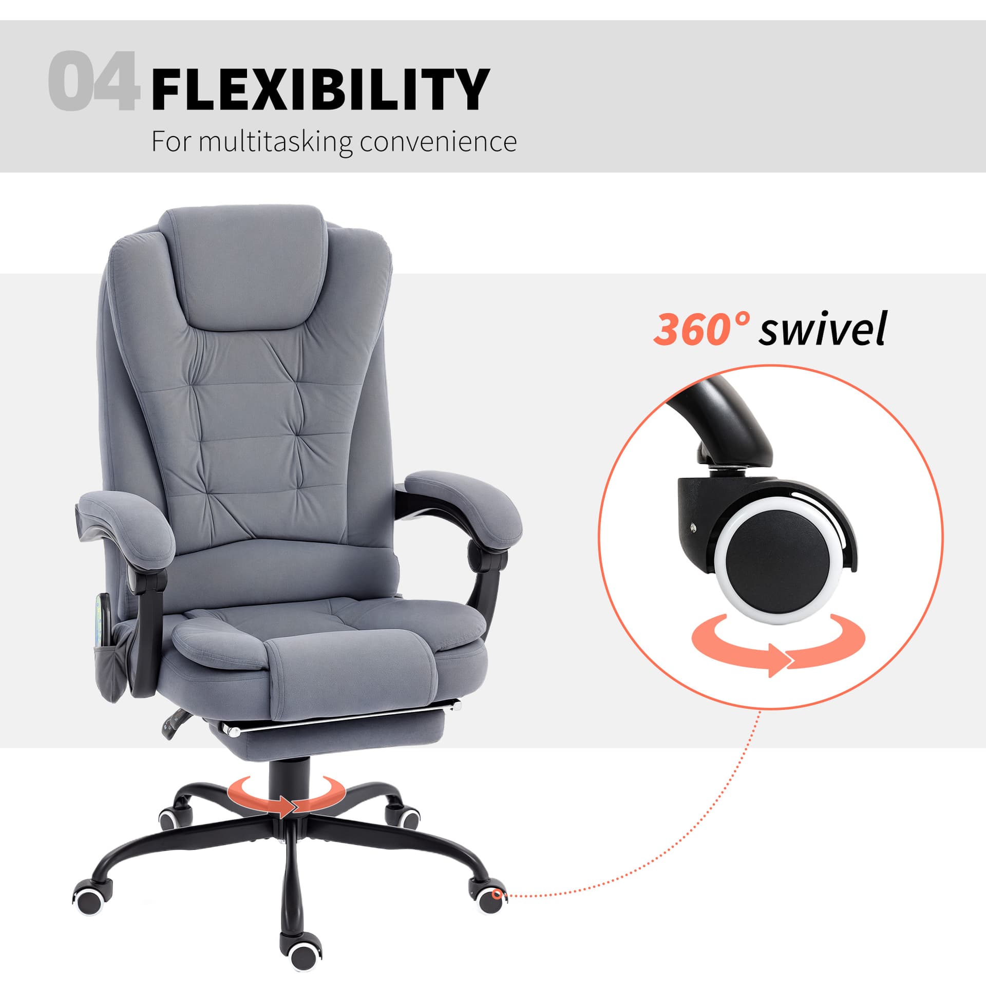 7-Point Vibrating Massage Chair, Reclining Office Chair with Footrest, Reclining Back, Adjustable Height, Grey