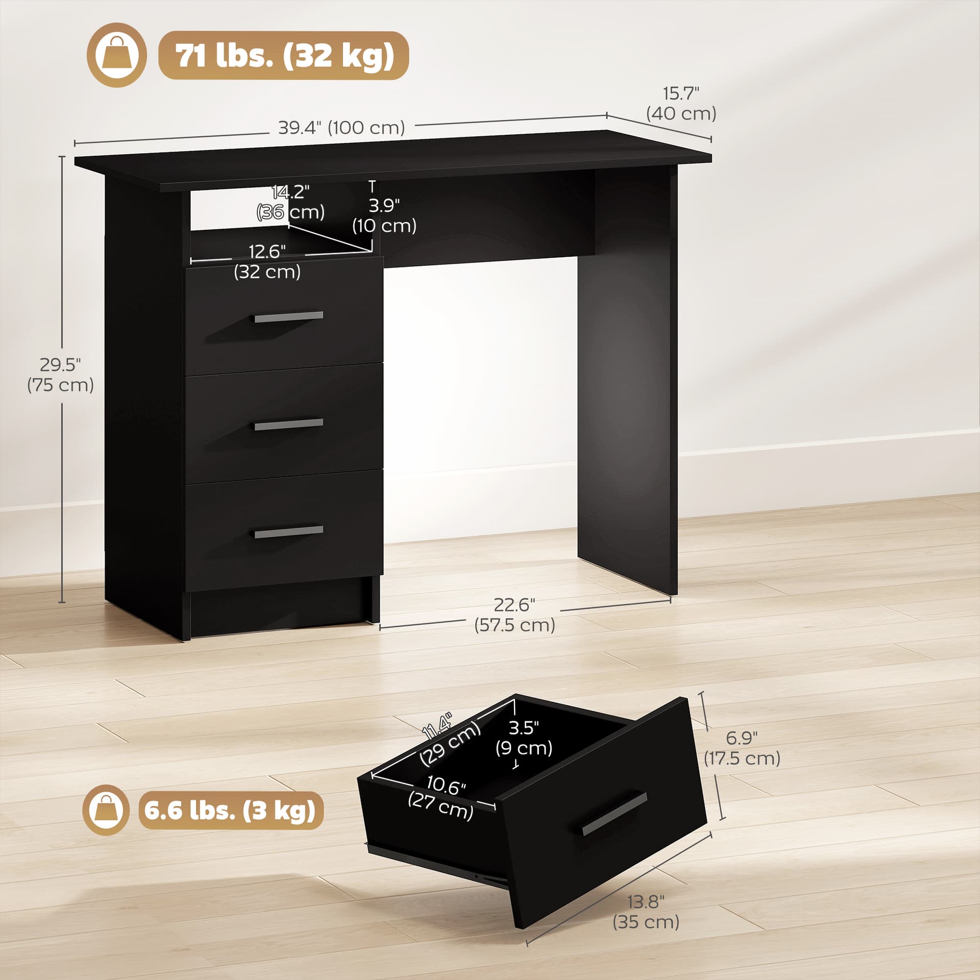 Computer Desk with Storage, 39" Home Office Desk with 3 Drawers nad Open Shelf, Writing Table for Bedroom, Black