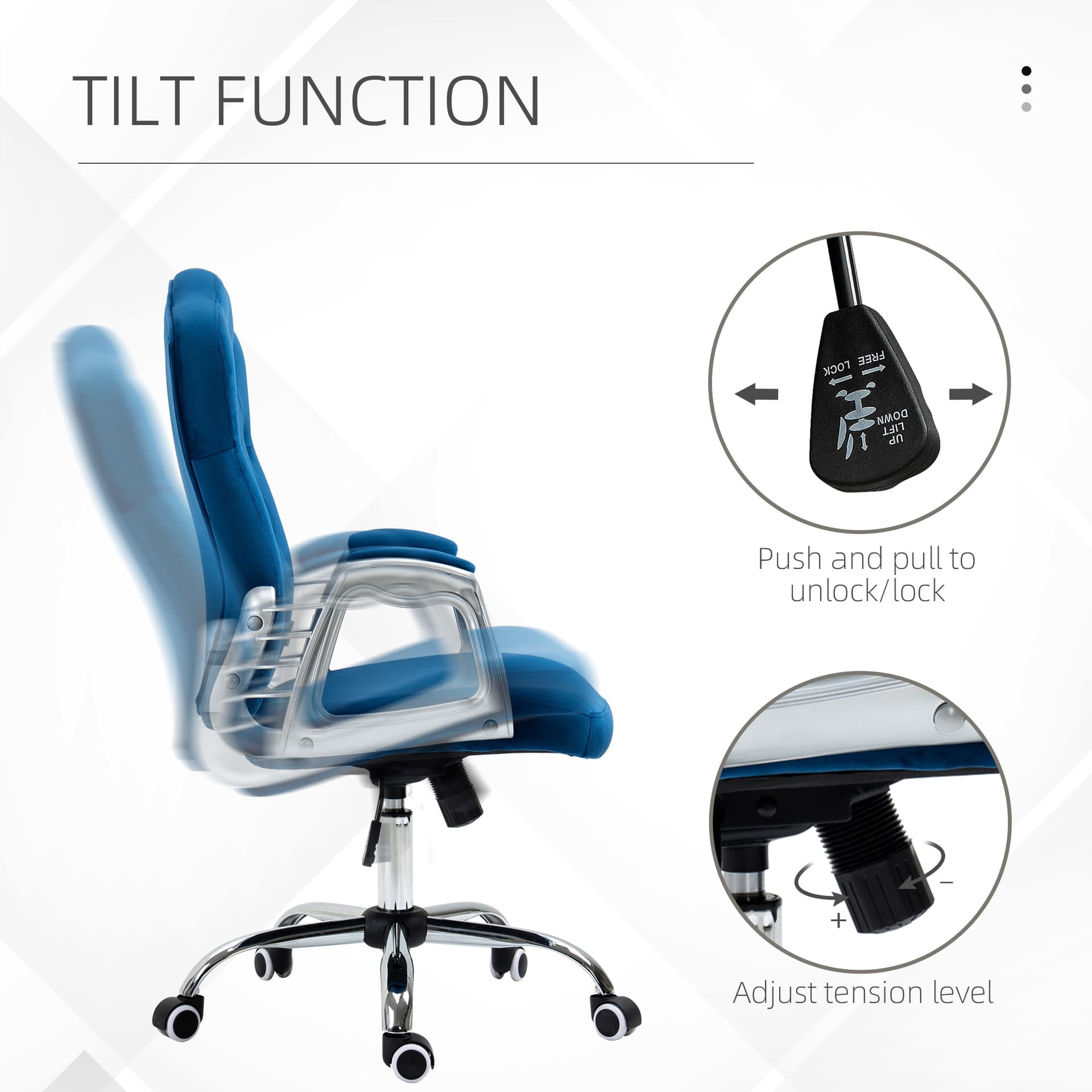 Office Chair, Velvet Computer Desk Chair with Swivel Wheels, Adjustable Height, Tilt Function, Button Tufted, Blue