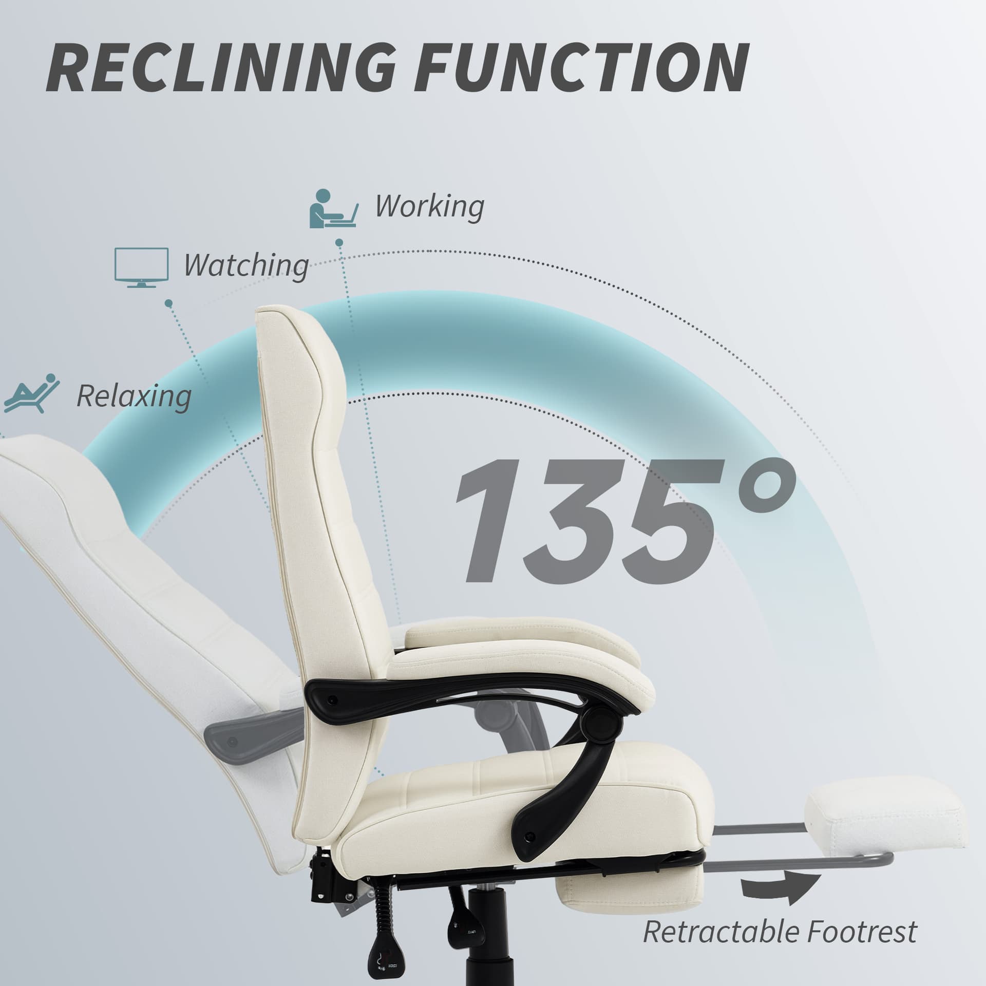 Office Chair, High Back Desk Chair, Swivel Recliner with Adjustable Height, Footrest and Padded Armrest, Cream White