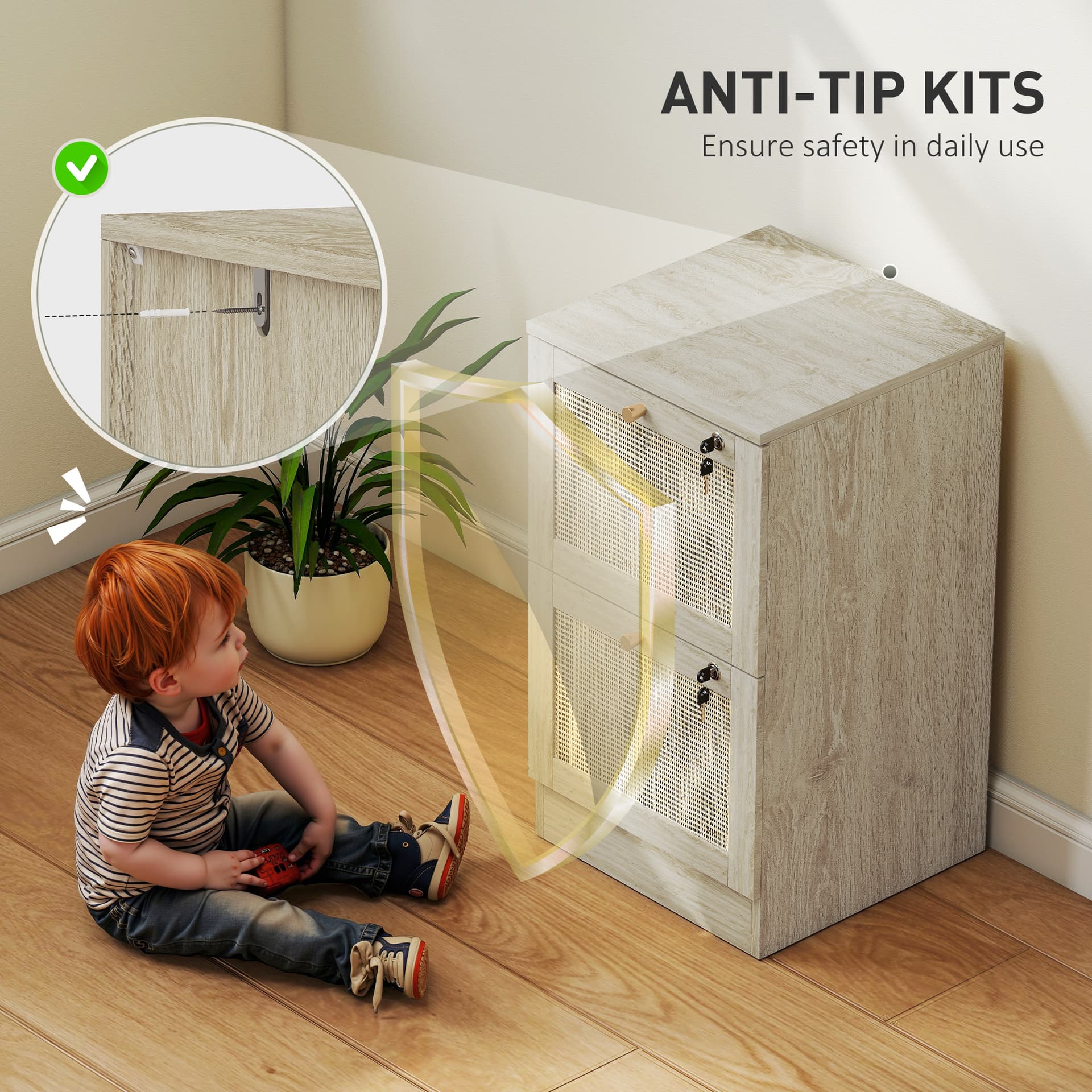 2 Drawer Filing Cabinet with Lock, Boho File Cabinet for A4 Letter Size Files with Decorative Rattan Accents, Oak - Office Cabinets & Cupboards - Office Furniture