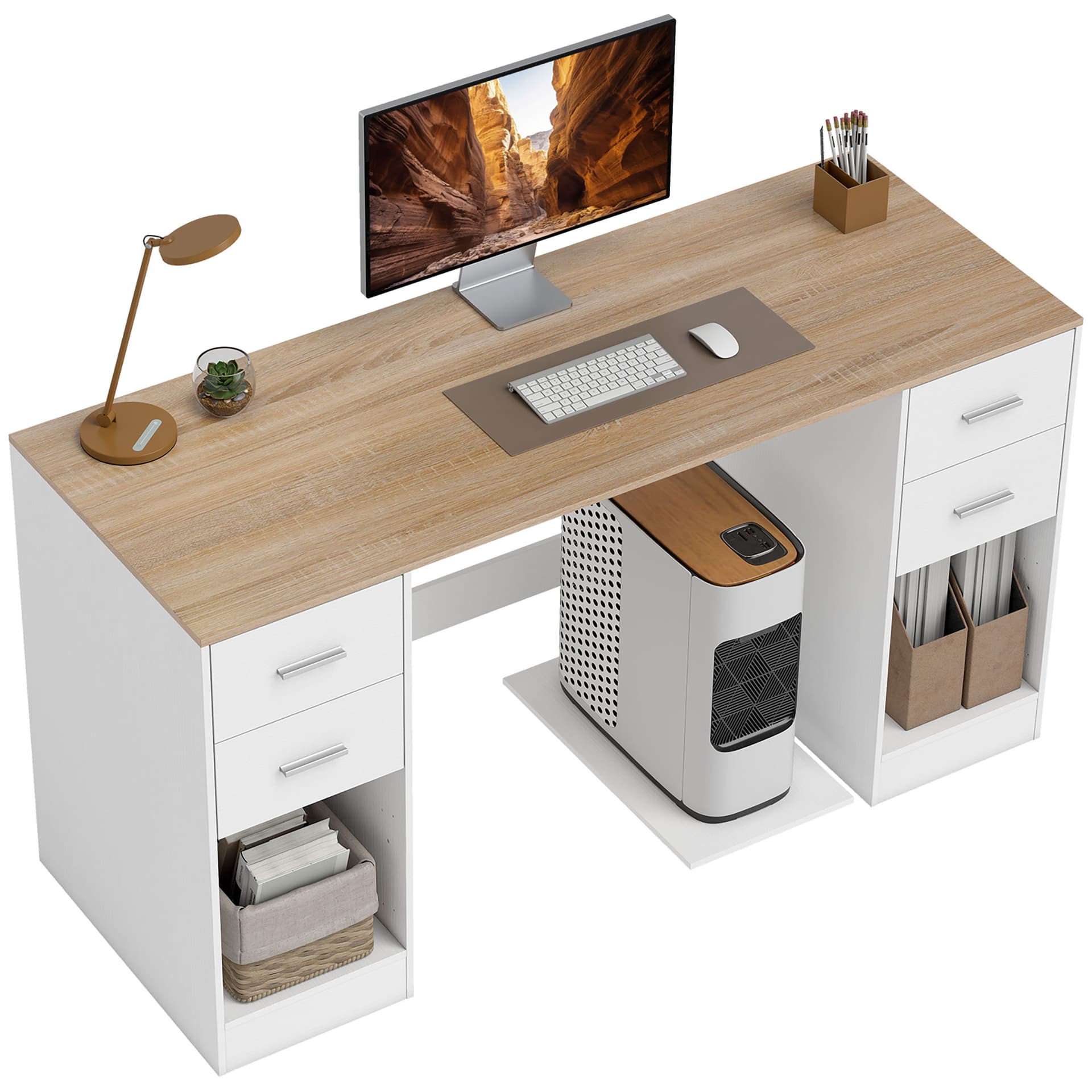 Office Desk, 55" Computer Desk with 4 Reversible Drawers, Mobile PC Stand, Adjustable Shelf, White Wood Grain - Computer Desks - Office Furniture