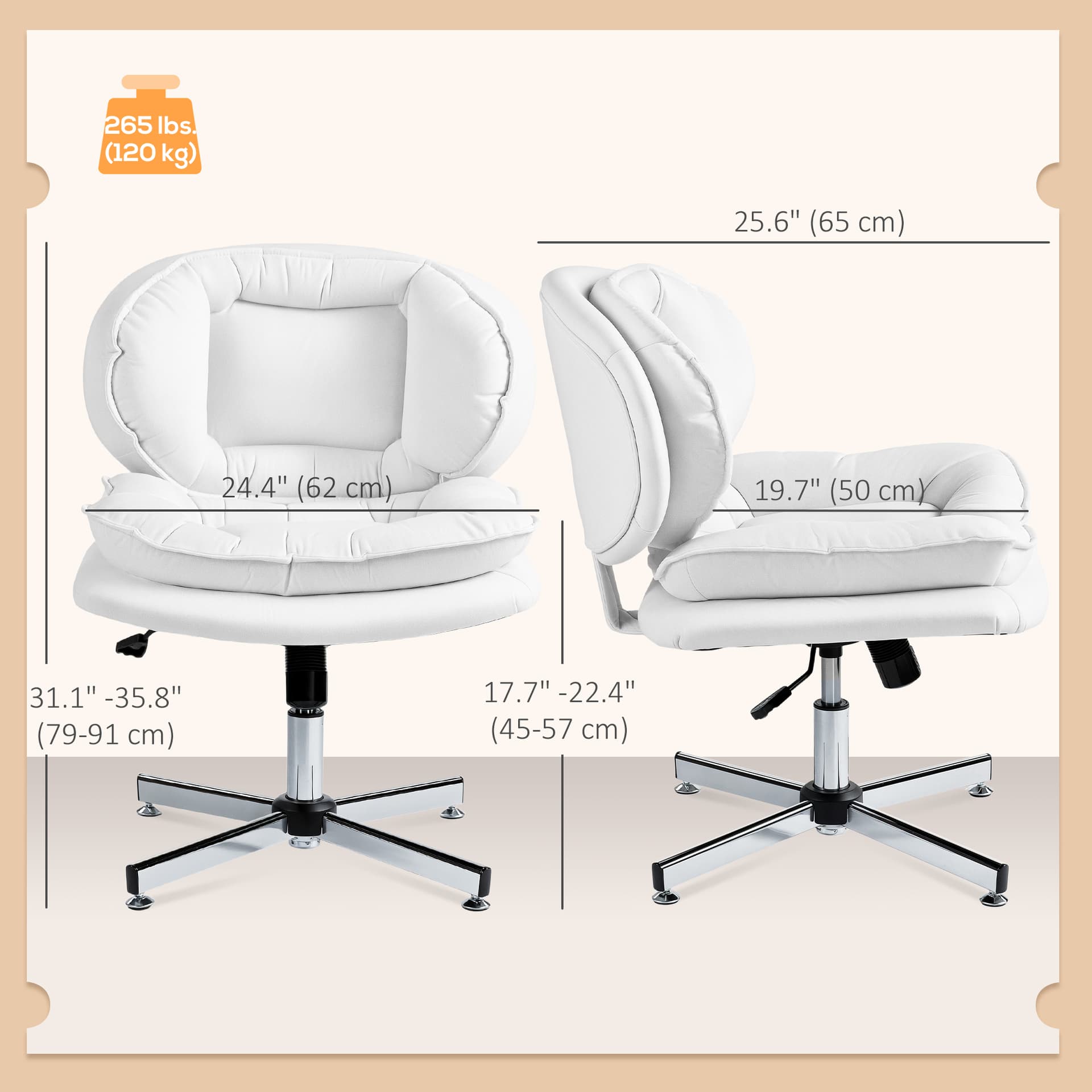 Criss Cross Chair, Armless Wide Office Chair with Leathaire Upholstery, Tilting, No Wheels, White