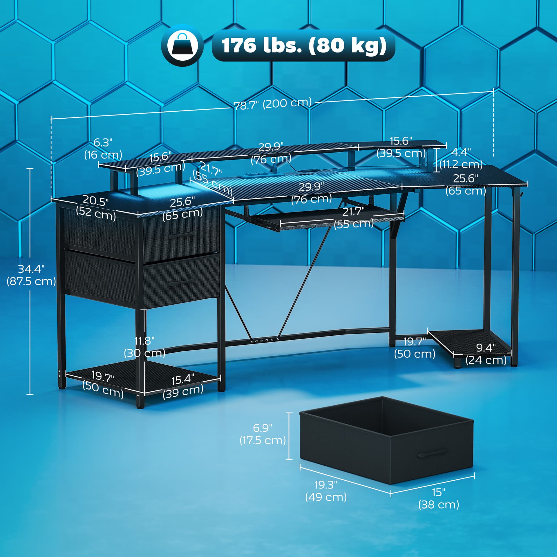 79 inch Gaming Desk with RGB Lights, Computer Table with Power Outlets & USB Ports, Keyboard Tray and 2 Drawers, Black