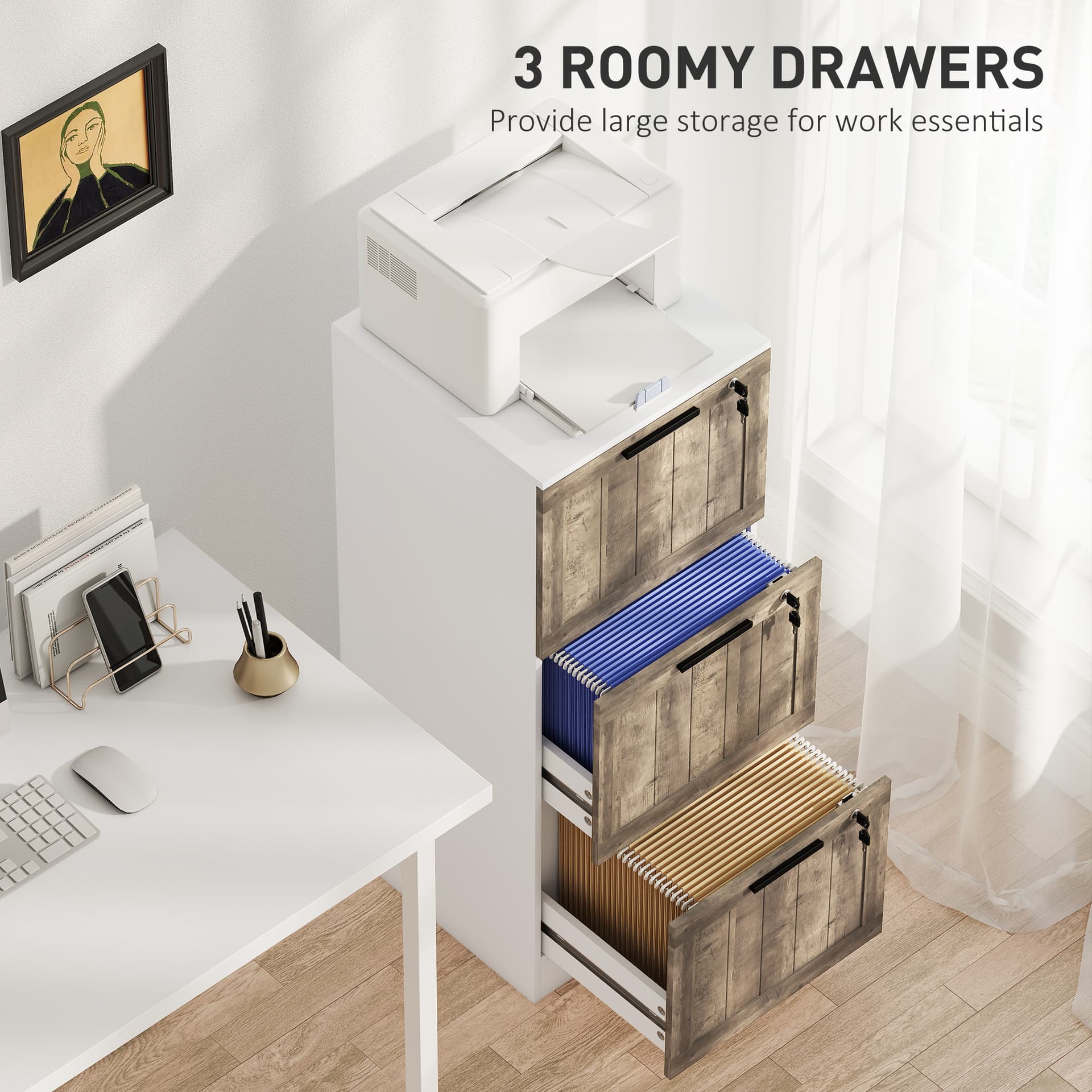 3 Drawer Filing Cabinet, Farmhouse File Cabinet with Lock, Adjustable Hanging Rails for A4 Letter Size Files, White