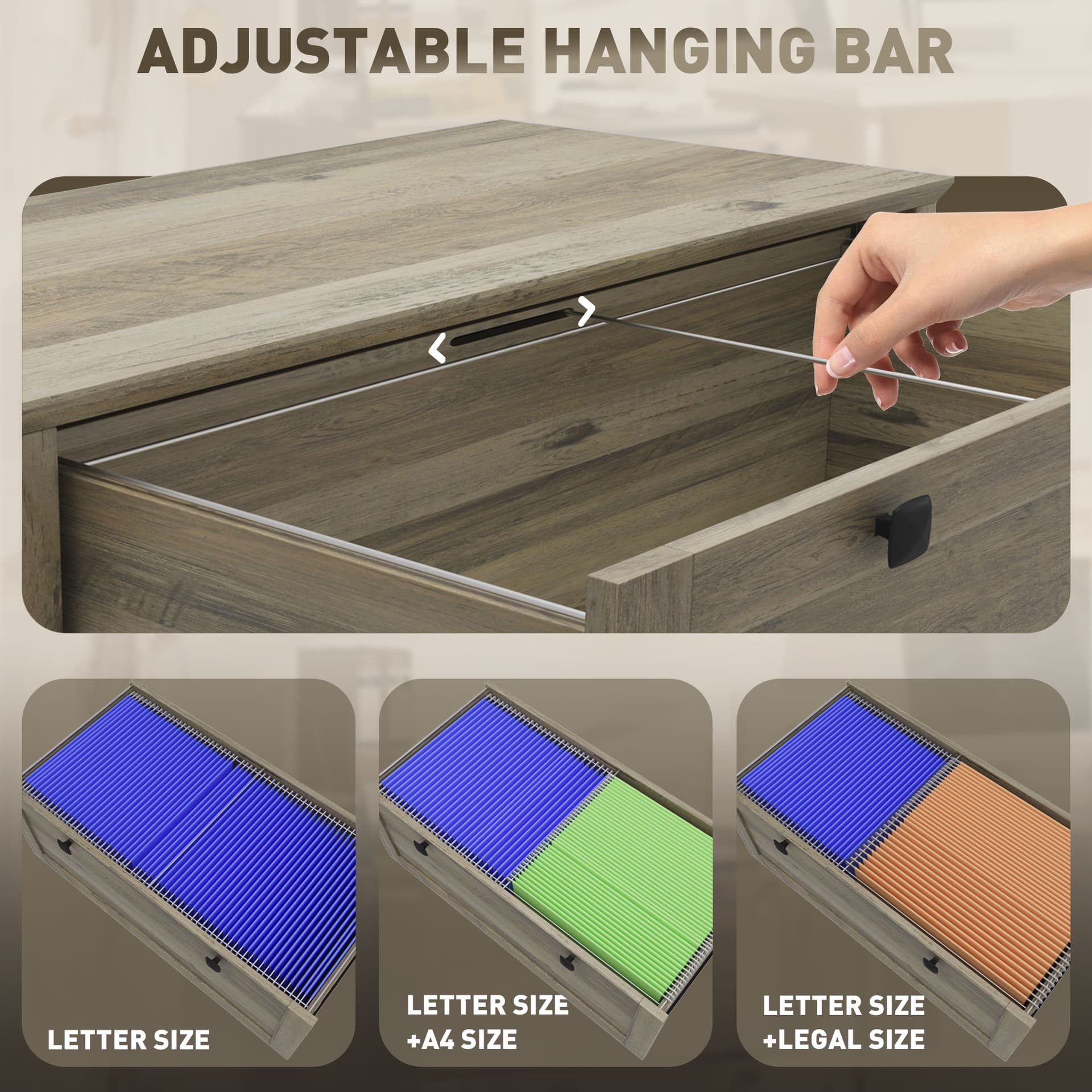 2 Drawer File Cabinet, Lockable Filing Cabinet with Adjustable Hanging Bar for Letter, A4 Size, Weathered Grey Oak