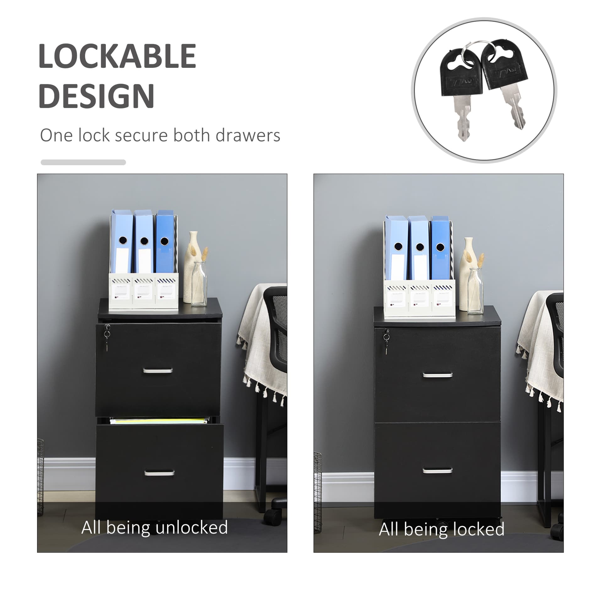 2 Drawer File Cabinet with Lock, Small Rolling Filing Cabinet for A4, Letter-Size Documents, Printer Stand for Home Office, 17" x 17.75" x 28.25", Black