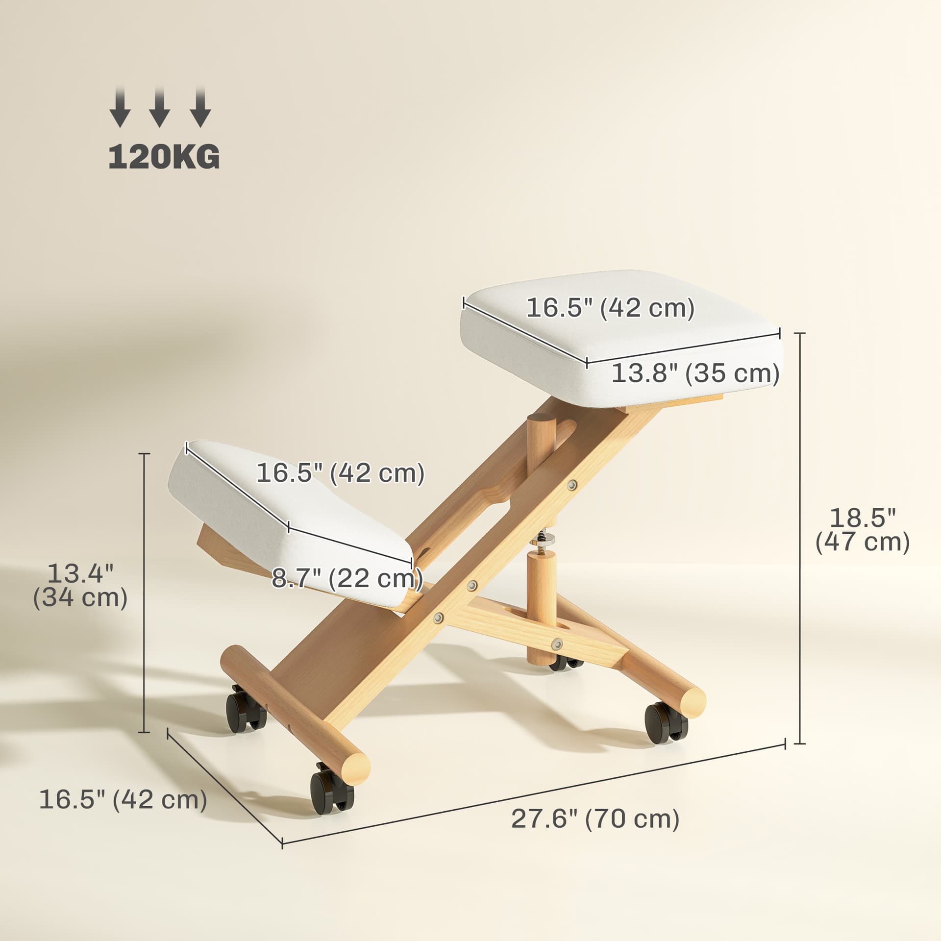 Ergonomic Kneeling Chair, Posture Chair with Rubberwood Frame, Wheels for Office, Posture Correction, Cream White