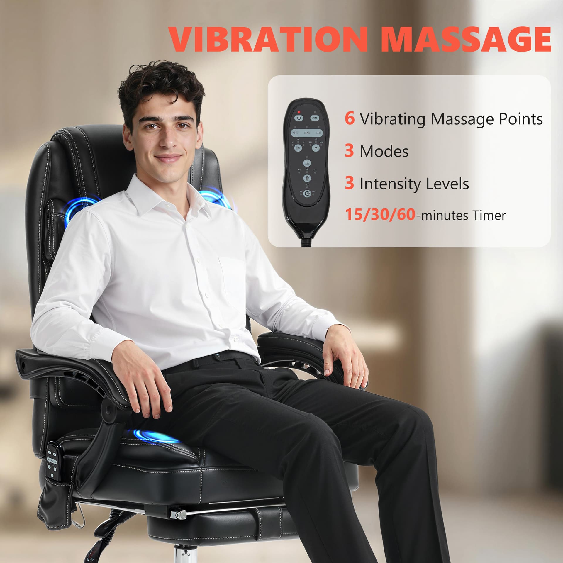 6 Point Vibration Massage Office Chair, PU Leather Heated Reclining Computer Chair with Footrest, Black