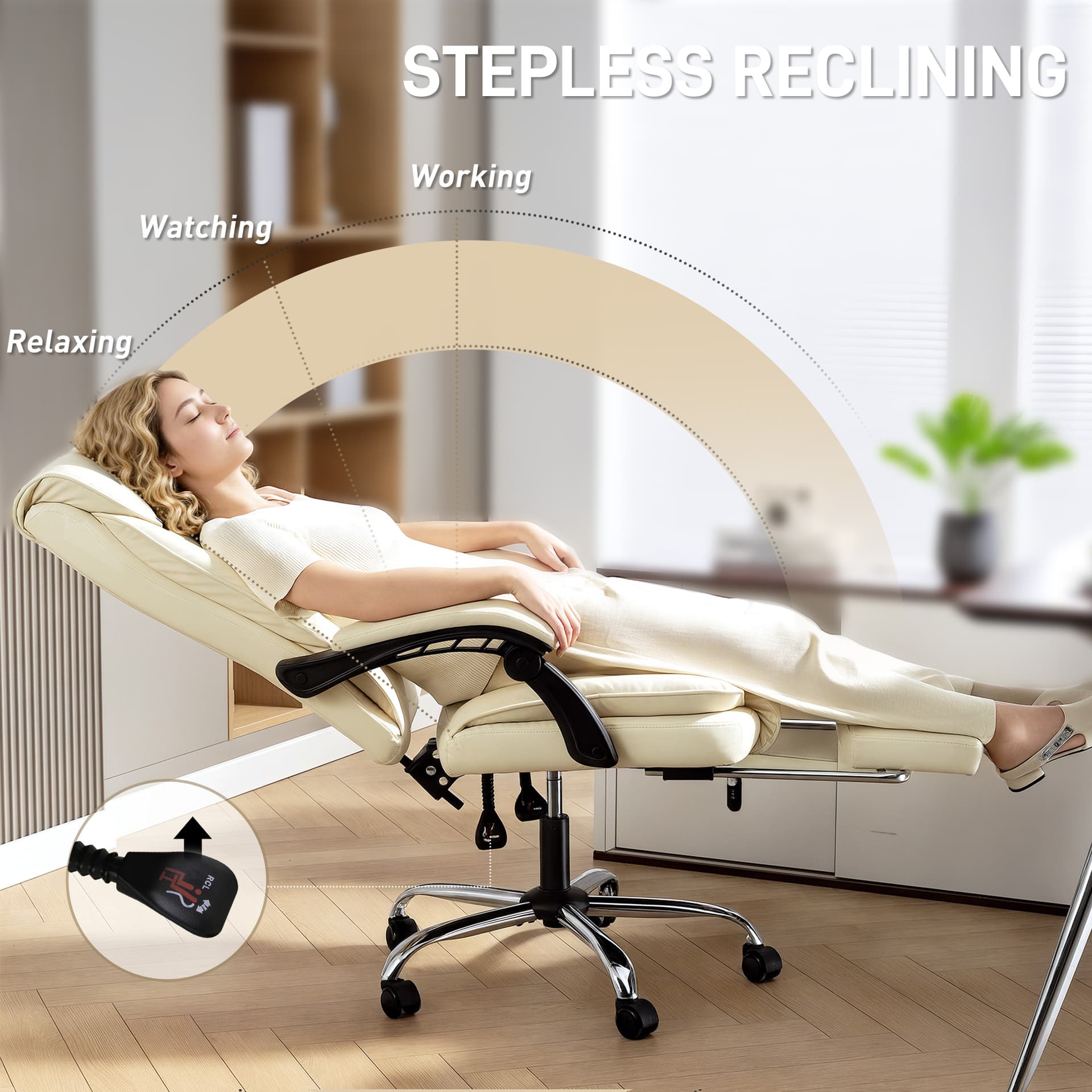 Executive Office Chair, Pet-Friendly Leather Ergonomic Desk Chair with Footrest, Swivel Recliner, Beige