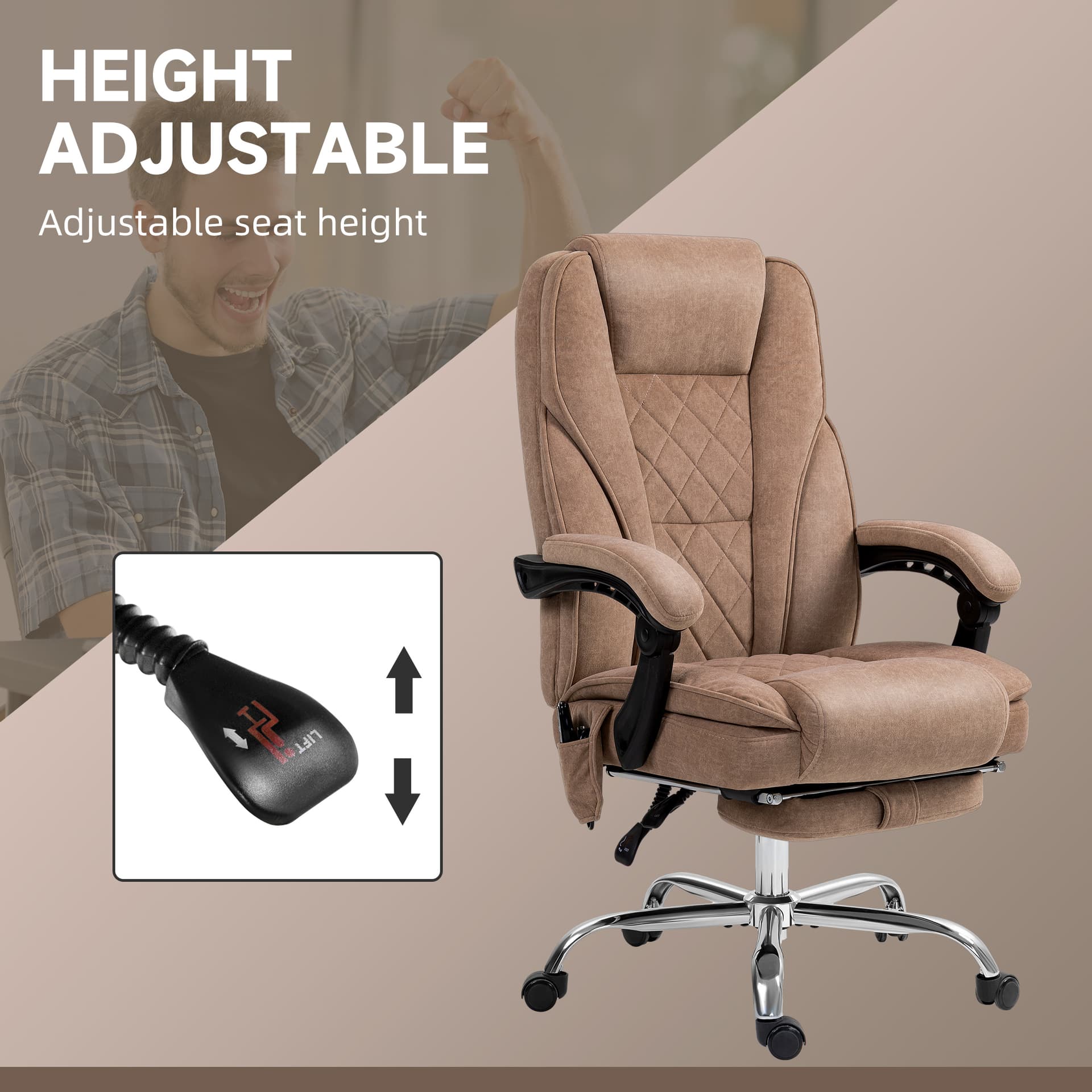 Massage Office Chair, Reclining Computer Chair with Adjustable Height and Footrest, Brown