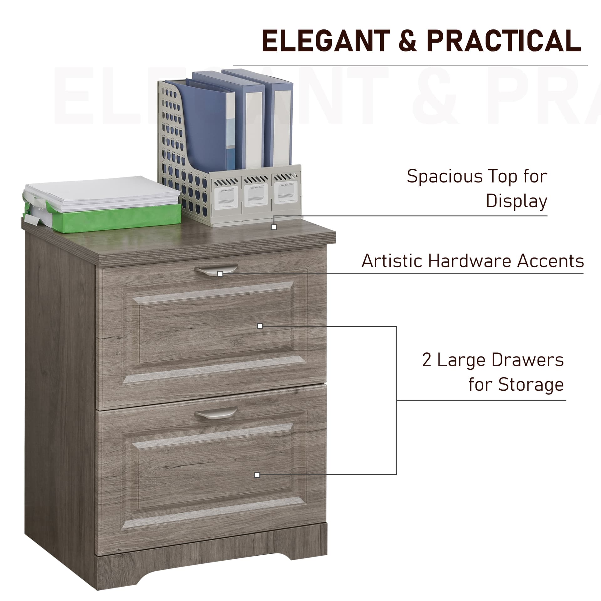 HOMCOM 2-Drawer Lateral File Cabinet Pedestal Documents Storage for Home Office, Grey Oak - Filing & Storage - Office Furniture