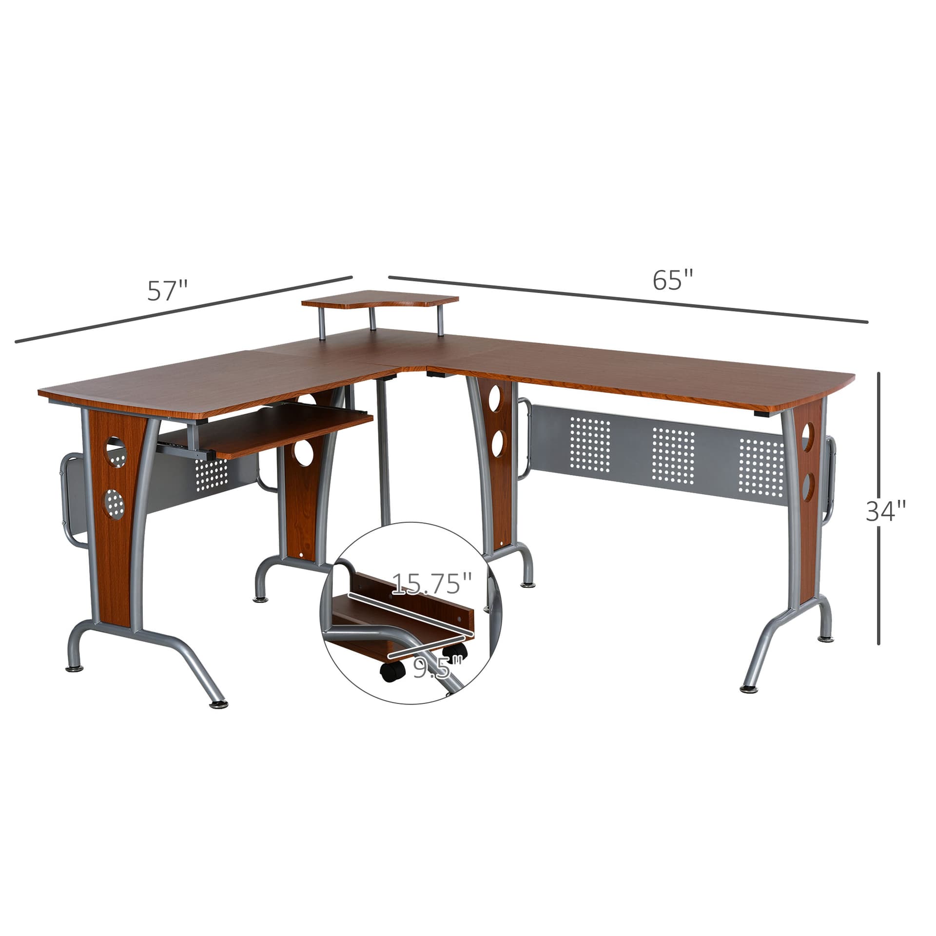 HOMCOM L-Shaped Computer Desk for PC, Corner Table for Small Spaces with Elevated Shelf, Keyboard Tray, CPU Stand, Home Office Workstation, Brown Wood Grain - Desks - Office Furniture