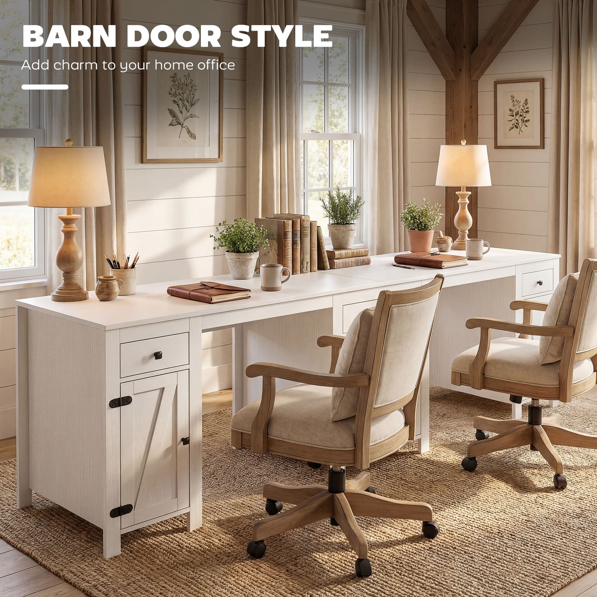 53" Farmhouse Executive Desk, Computer Desk with Drawers and 2 Cabinets, Study Table for Home Office, White Wood Grain - Writing Desks - Office Furniture
