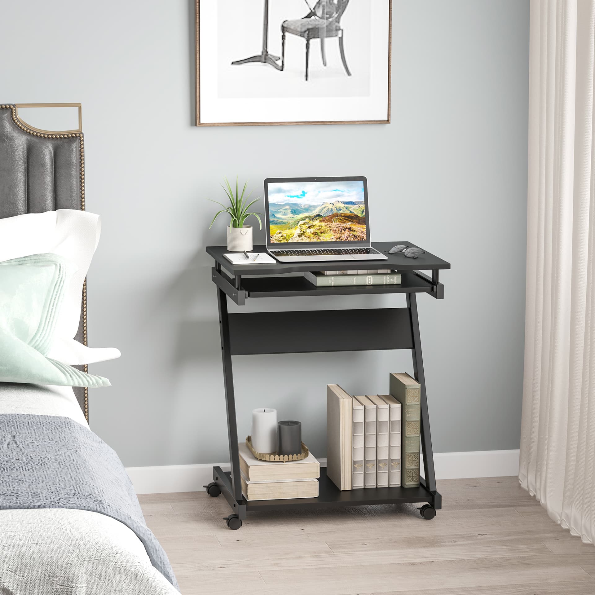 HOMCOM Movable Computer Desk with 4 Moving Wheels Sliding Keyboard Tray Home Office Workstation Black - Office Products - Office Furniture