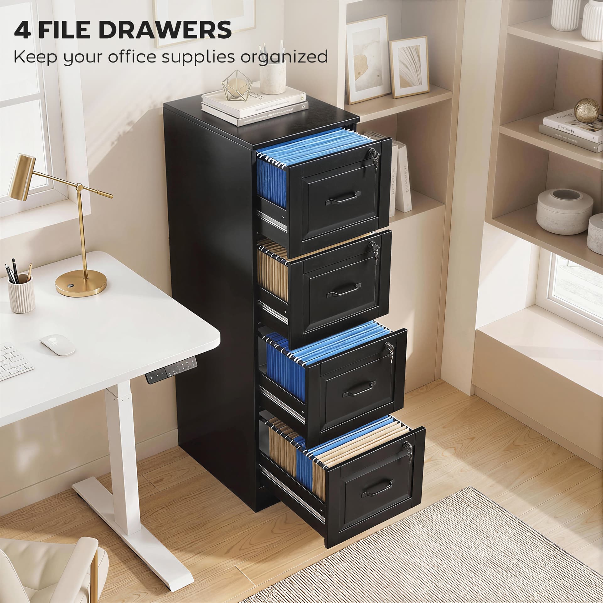 4 Drawer File Cabinet with Lock, Vertical Filing Cabinet with Adjustable Hanging Bars for A4 and Letter Size, Black - Office Cabinets & Cupboards - Office Furniture