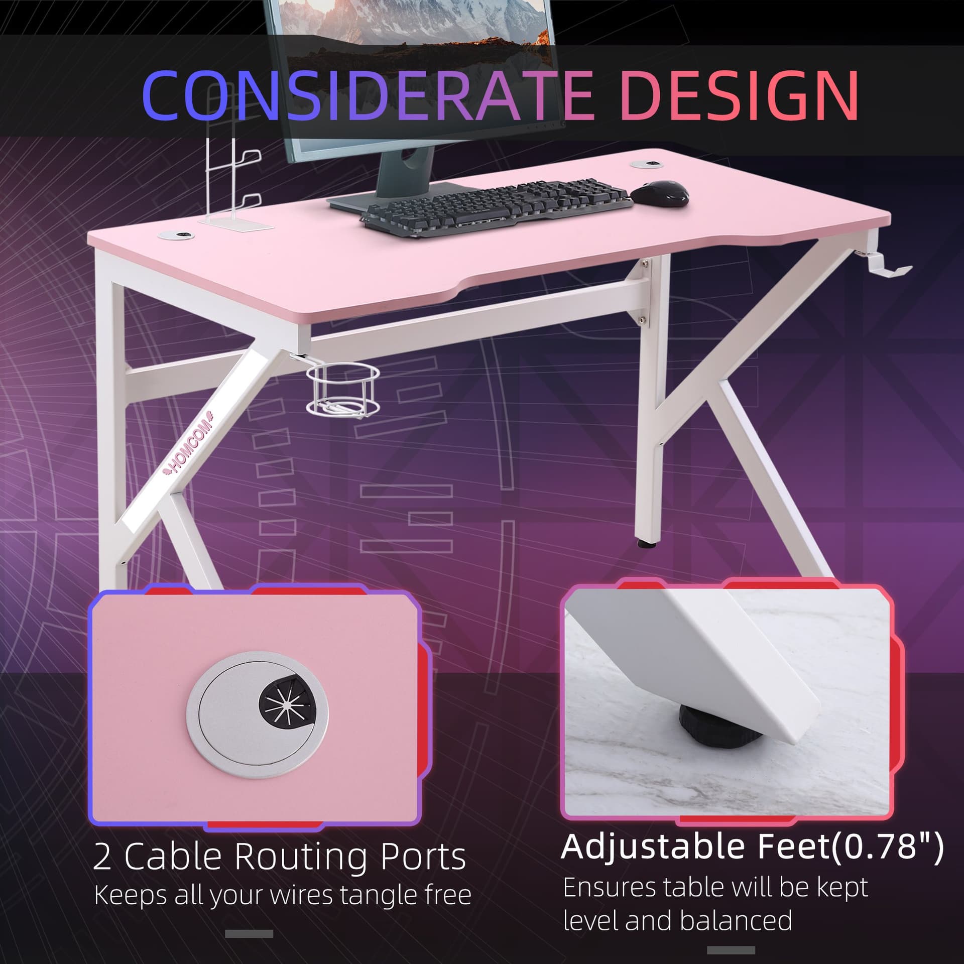 HOMCOM Gaming Desk Computer Table Racing Style for E-sport Room Office PC Workstation with Rotatable Cup Holder Foot Peg Headphone Hook Gamepad Stand Wire Port 47.25" x 23.5" x 28.75" Pink - Office Products - Office Furniture
